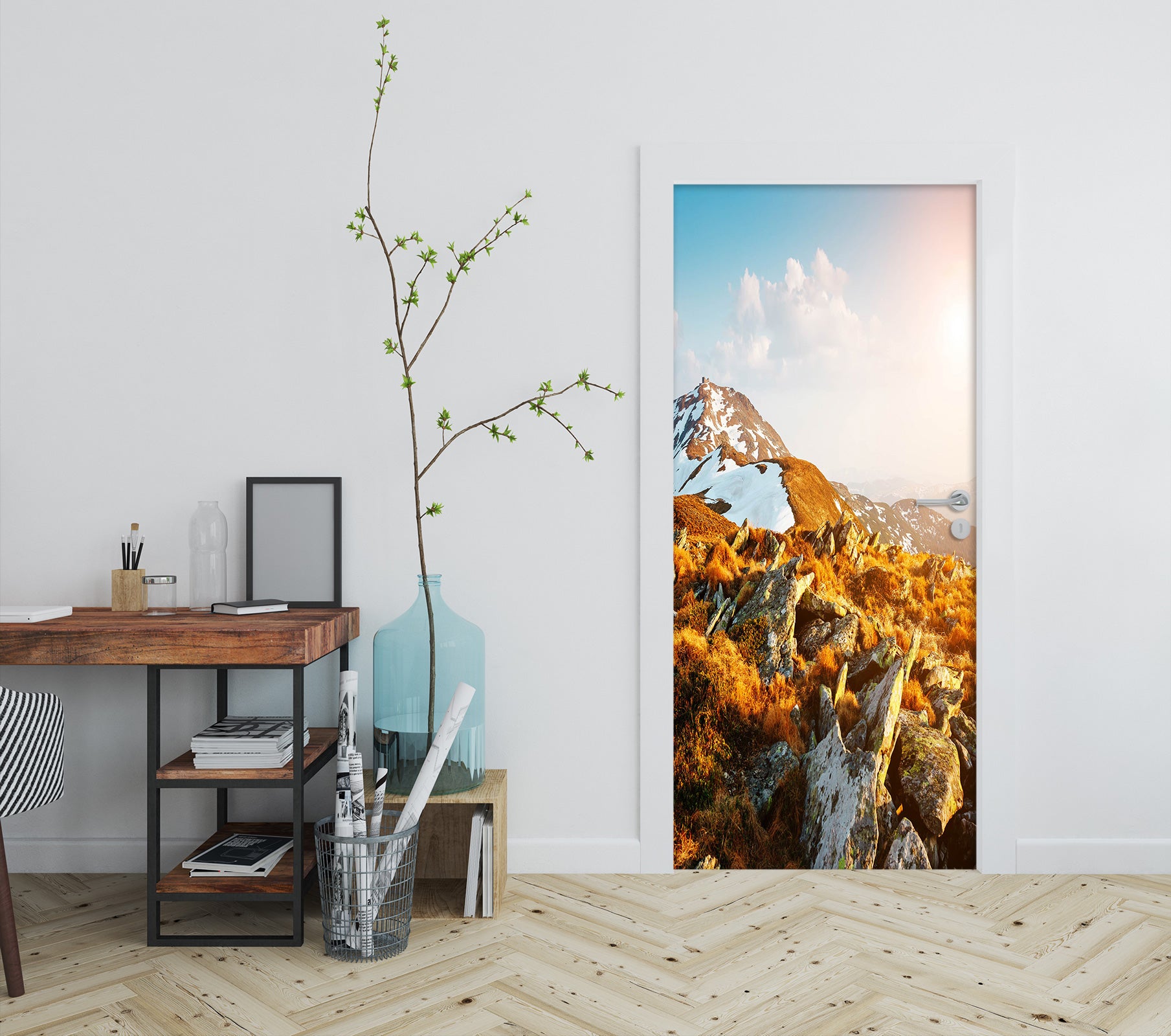 3D Yellow Tree Mountain 142 Door Mural