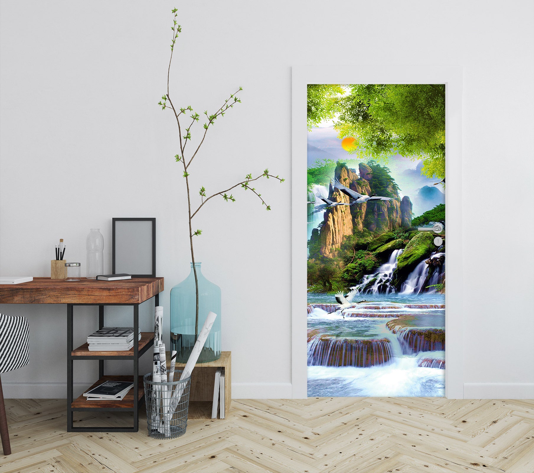 3D Sun Mountain Waterfall 202 Door Mural