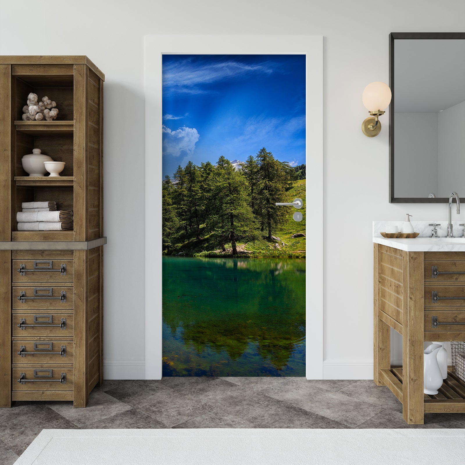 3D Blue Sky Trees Lake 11438 Marco Carmassi Door Mural