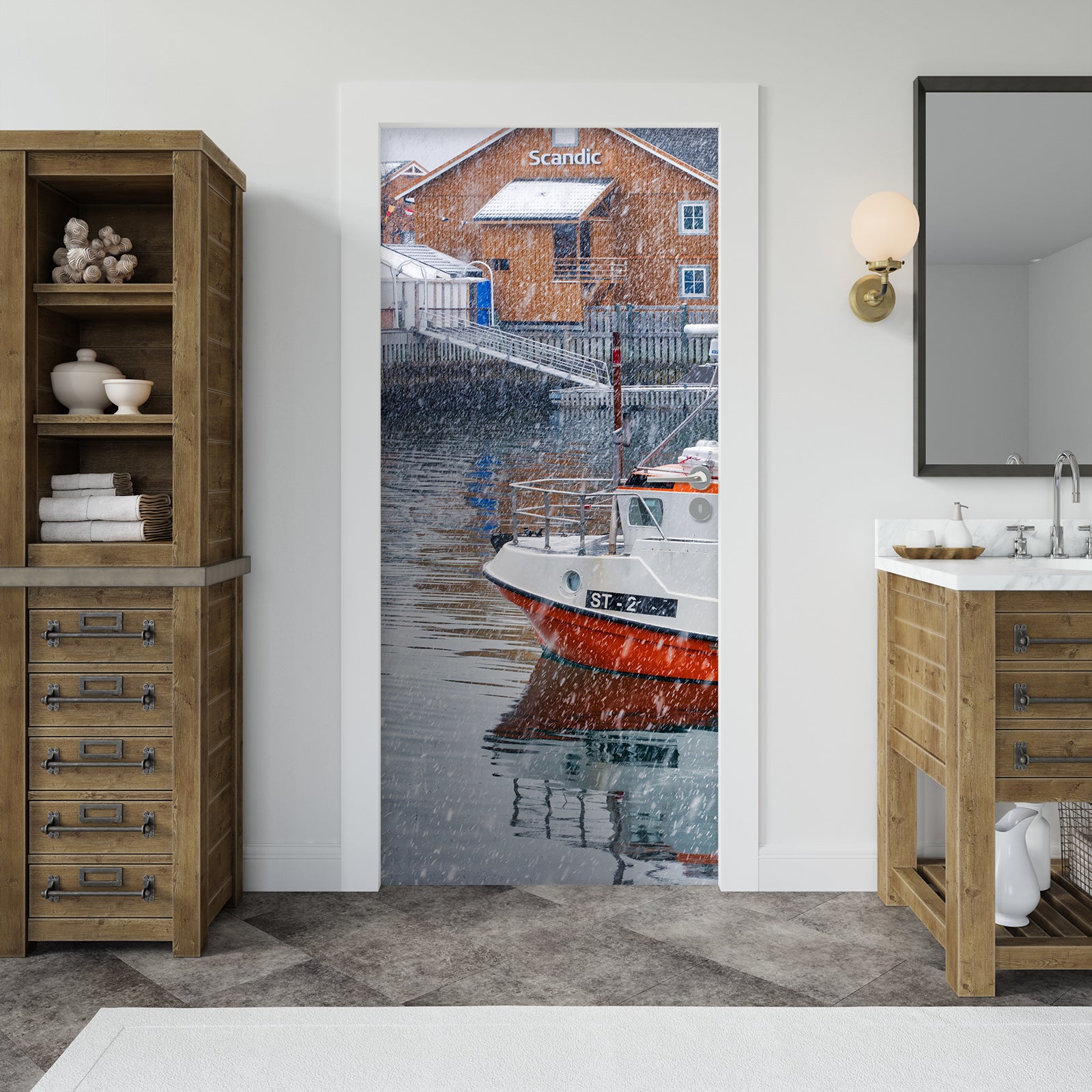 3D Boat Houses Snow 11412 Marco Carmassi Door Mural