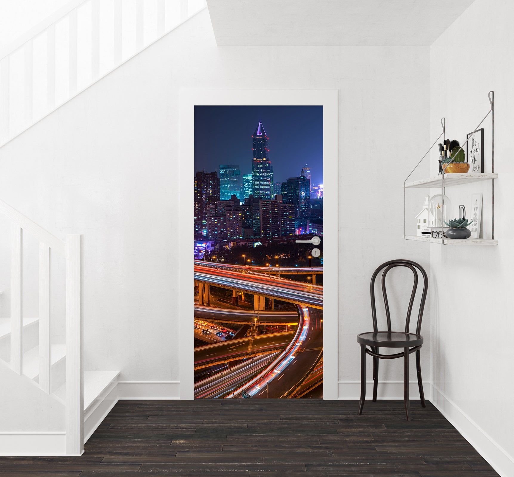 3D High-Rise Night Highway 119107 Marco Carmassi Door Mural