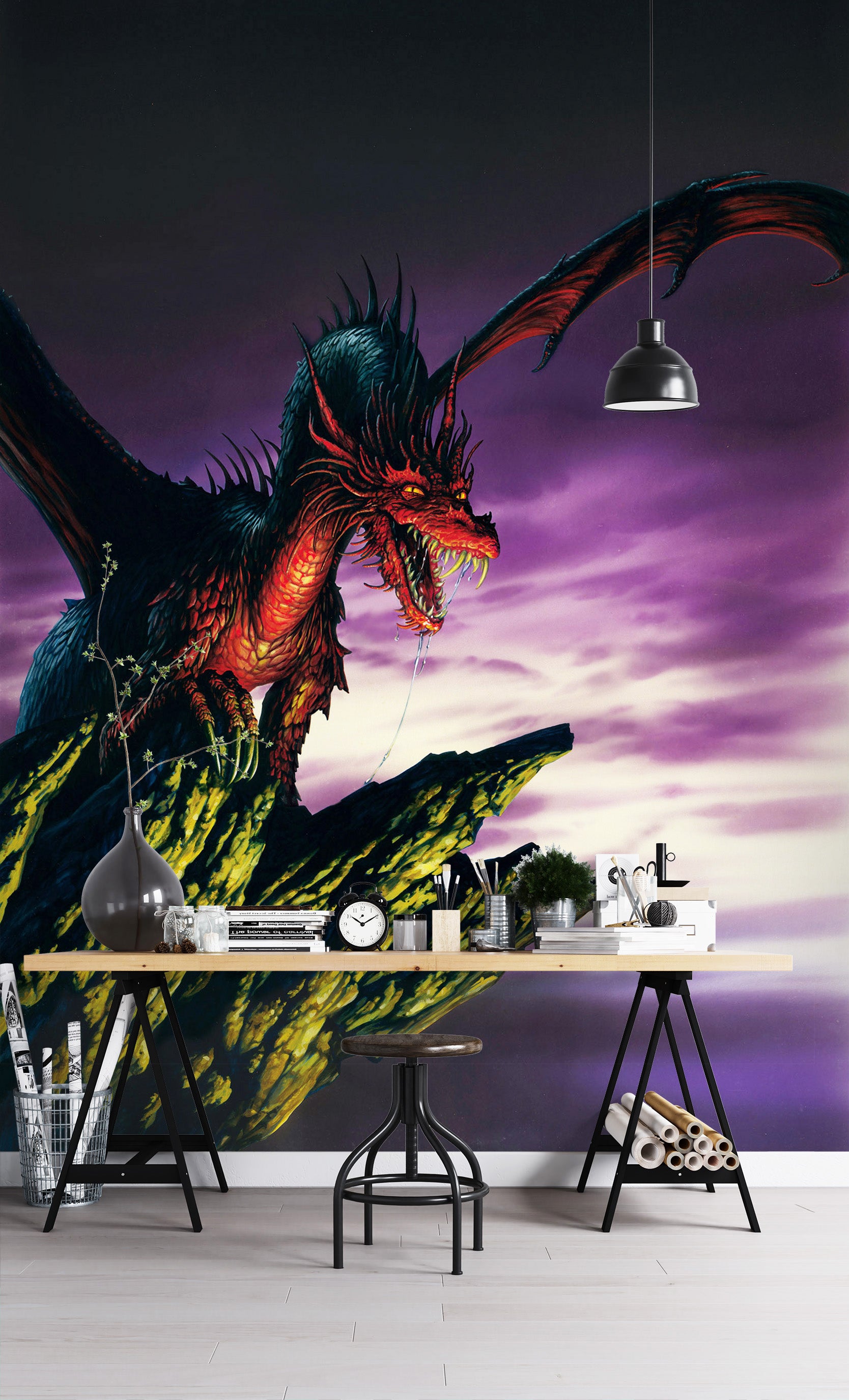 3D Cliff Red Dragon 7099 Ciruelo Wall Mural Wall Murals