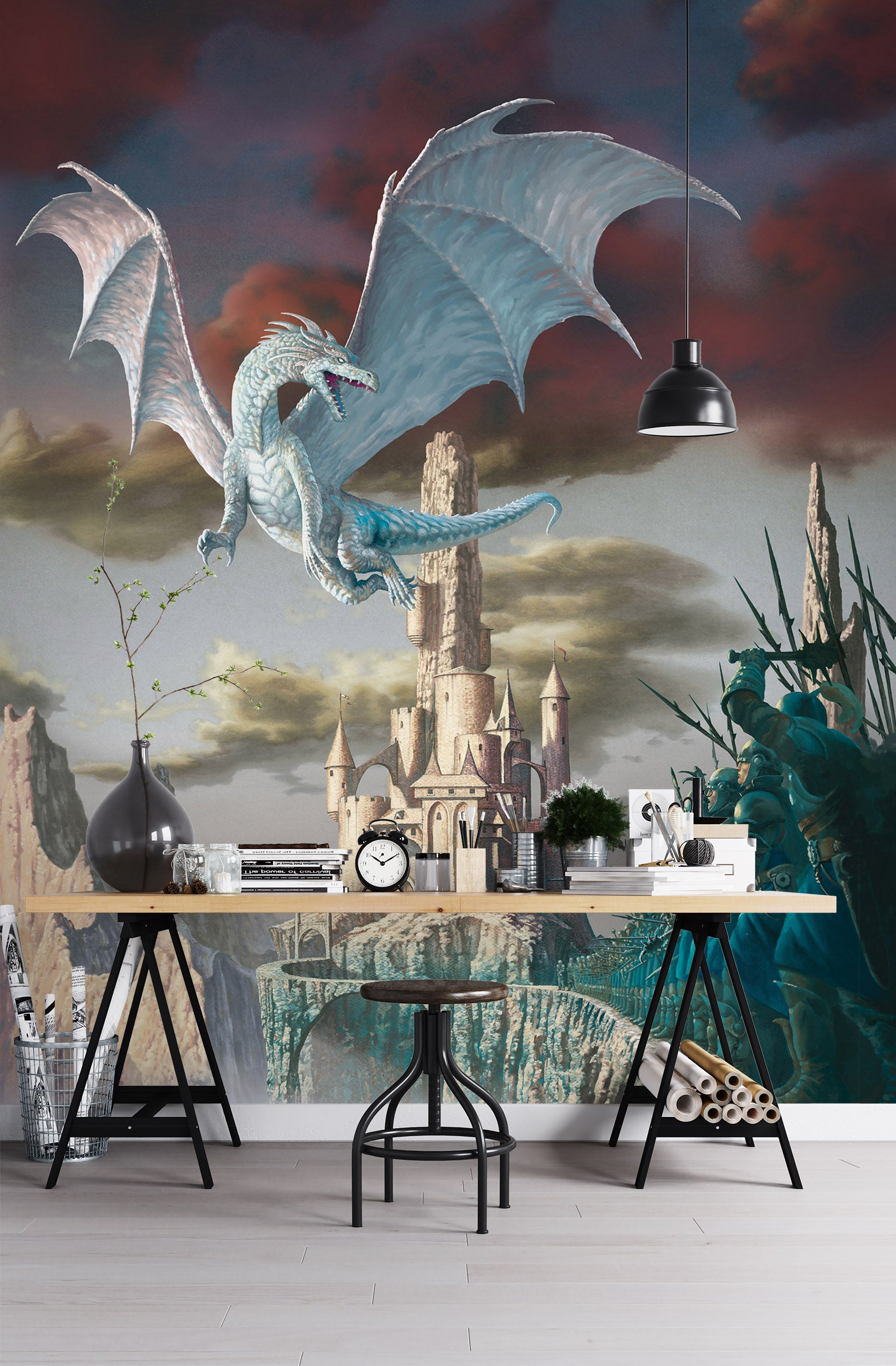 3D Castle White Dragon 7087 Ciruelo Wall Mural Wall Murals