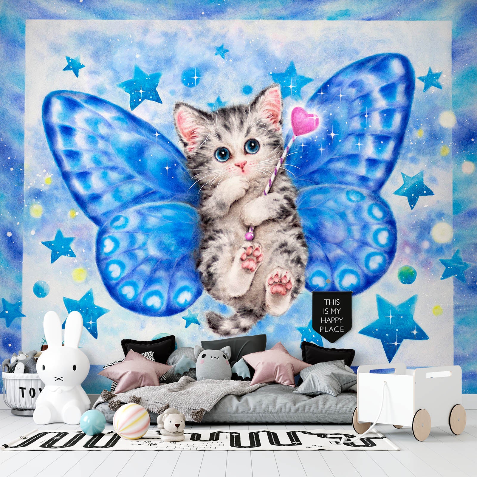 3D Blue Butterfly Cat 5511 Kayomi Harai Wall Mural Wall Murals