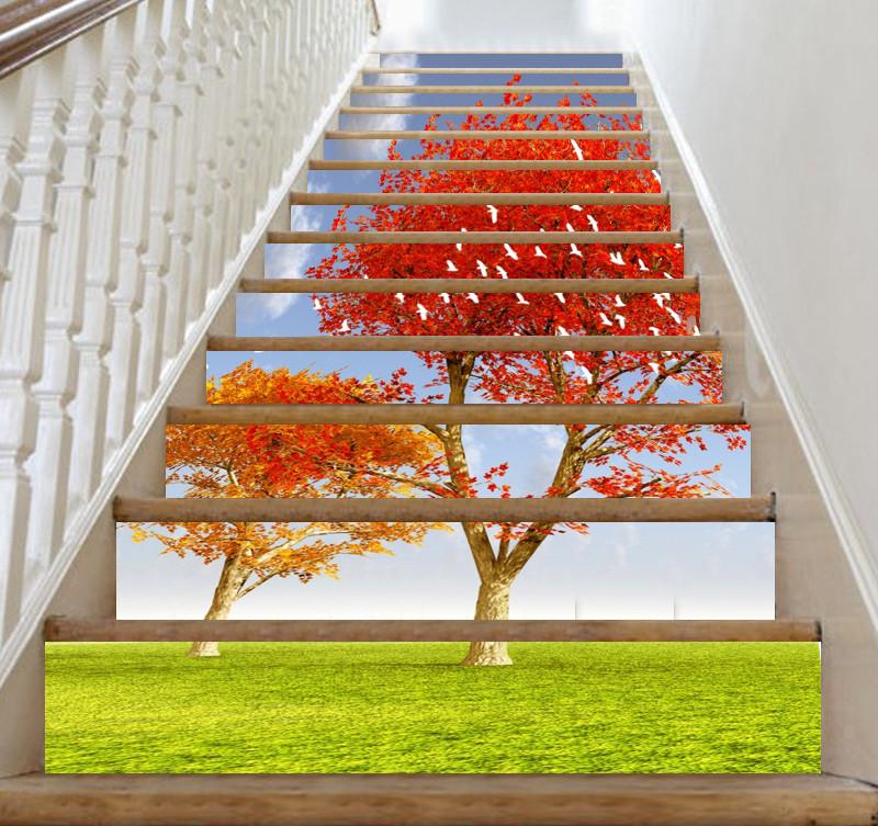 3D Grassland Trees Birds 483 Stair Risers Wallpaper AJ Wallpaper 