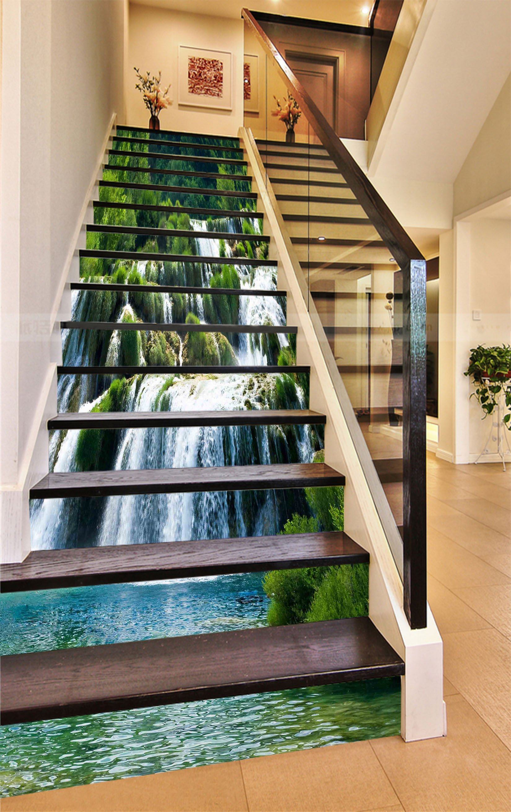 3D Waterfall Green Plants 824 Stair Risers Wallpaper AJ Wallpaper 