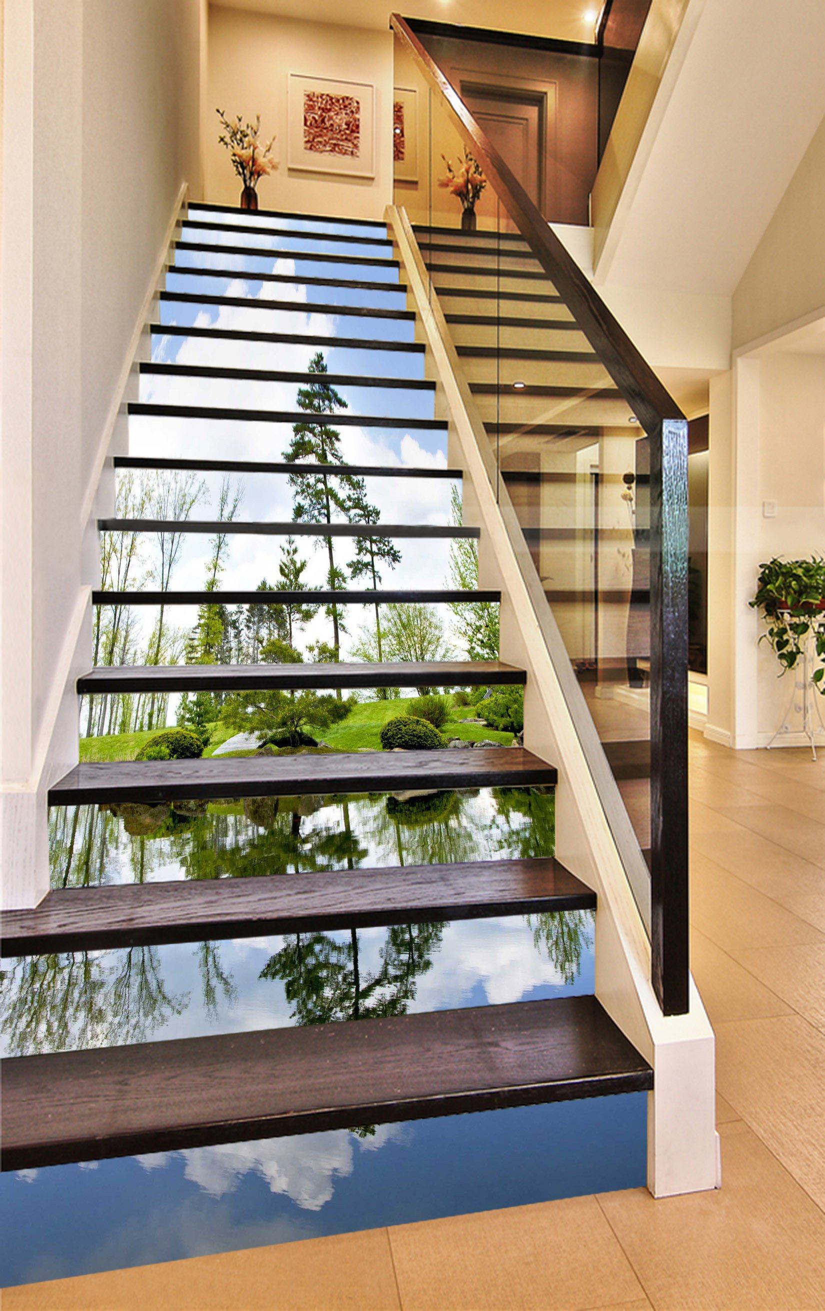 3D Lakeside Green Trees 750 Stair Risers Wallpaper AJ Wallpaper 