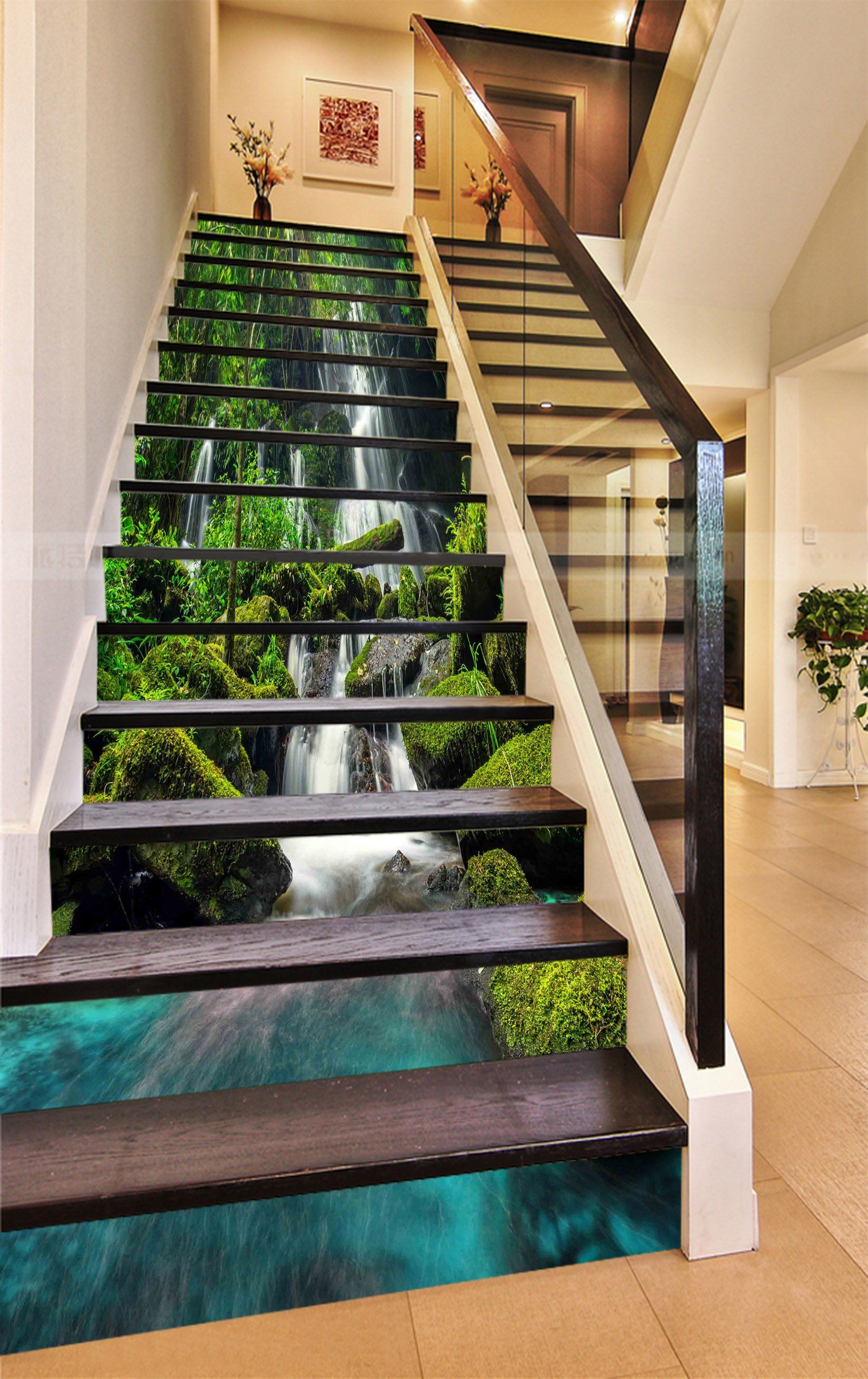 3D Waterfall Rocks Mosses 820 Stair Risers Wallpaper AJ Wallpaper 