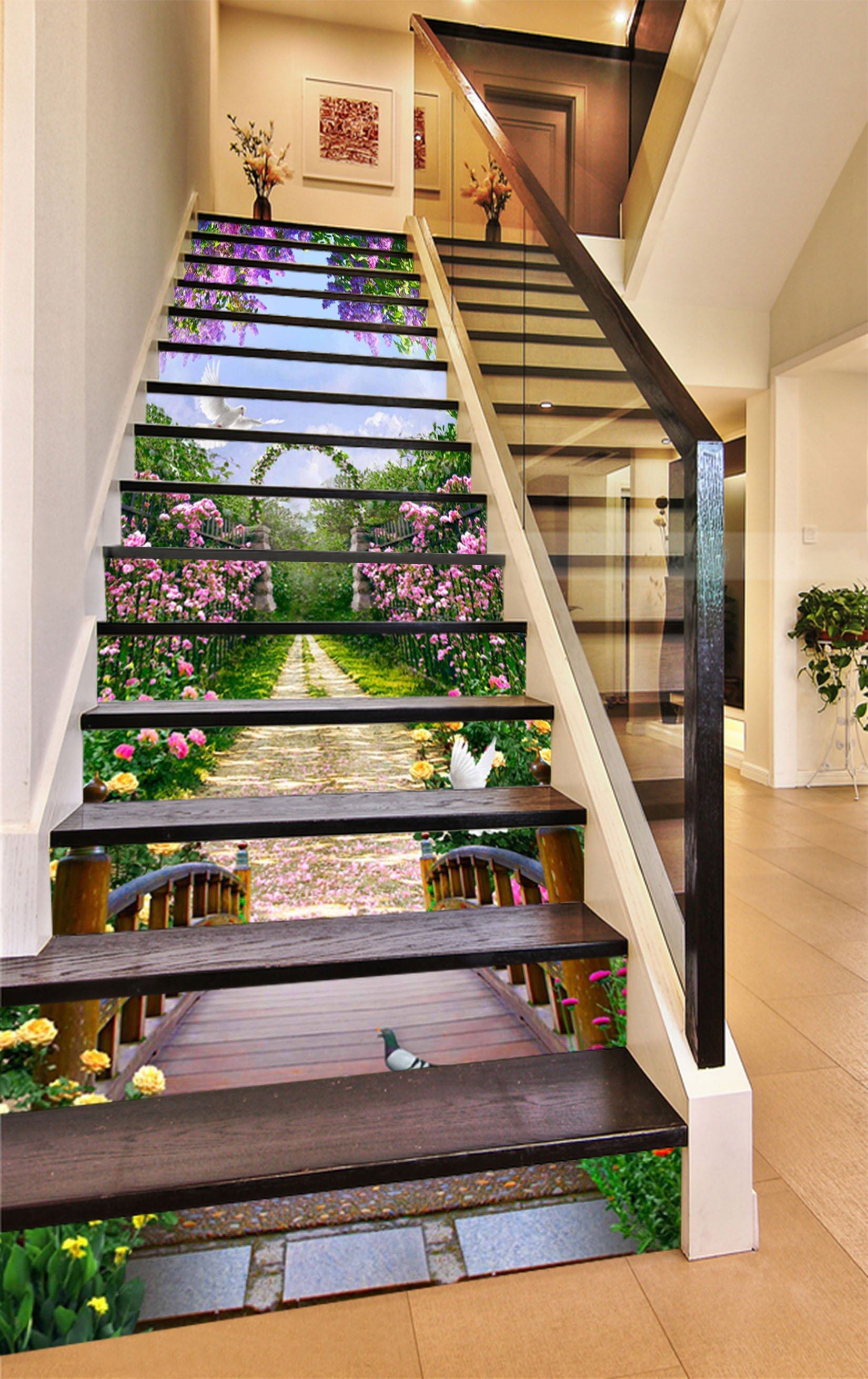 3D Garden Flowers Birds 1610 Stair Risers Wallpaper AJ Wallpaper 