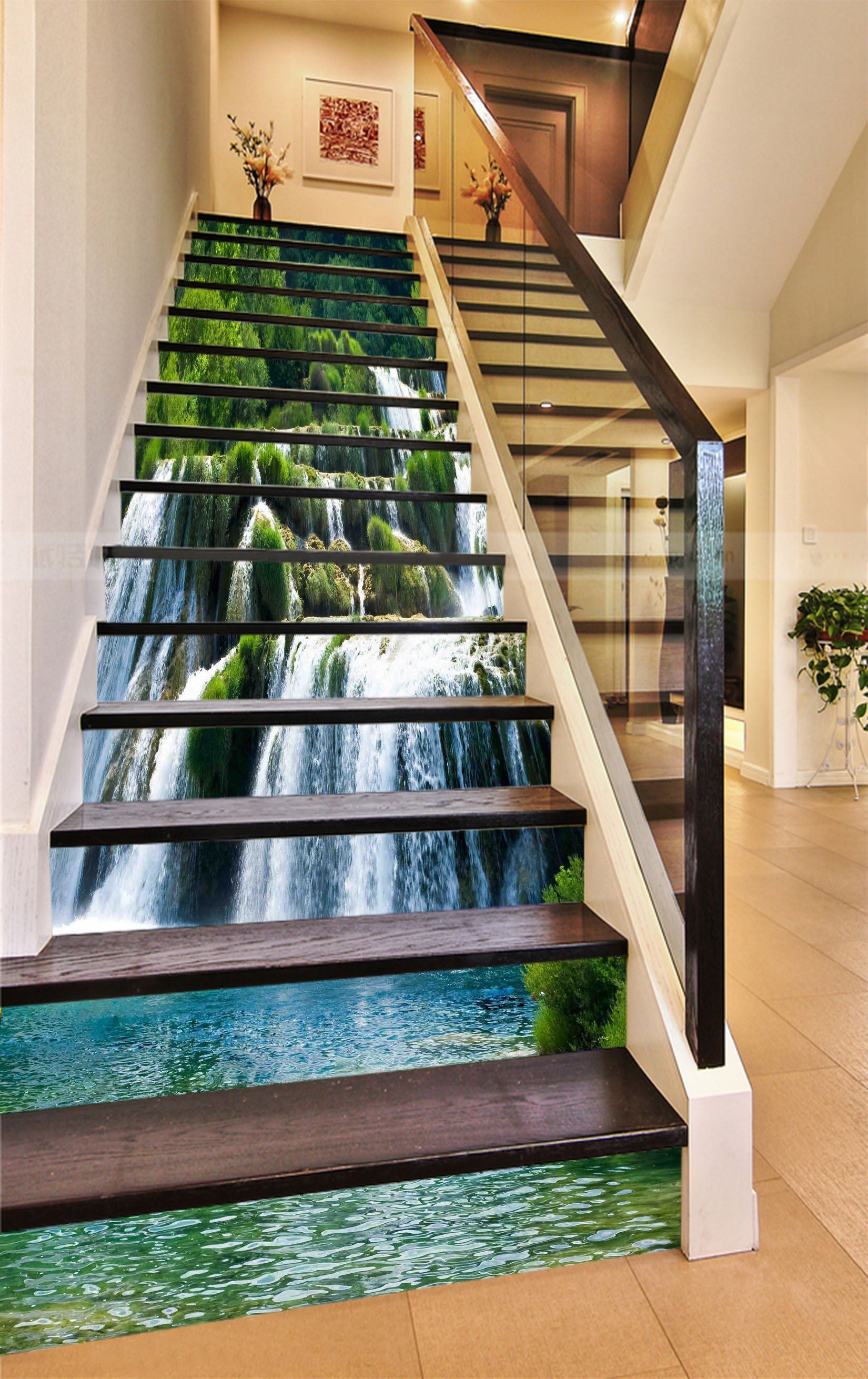 3D Waterfall Green Scenery 708 Stair Risers Wallpaper AJ Wallpaper 