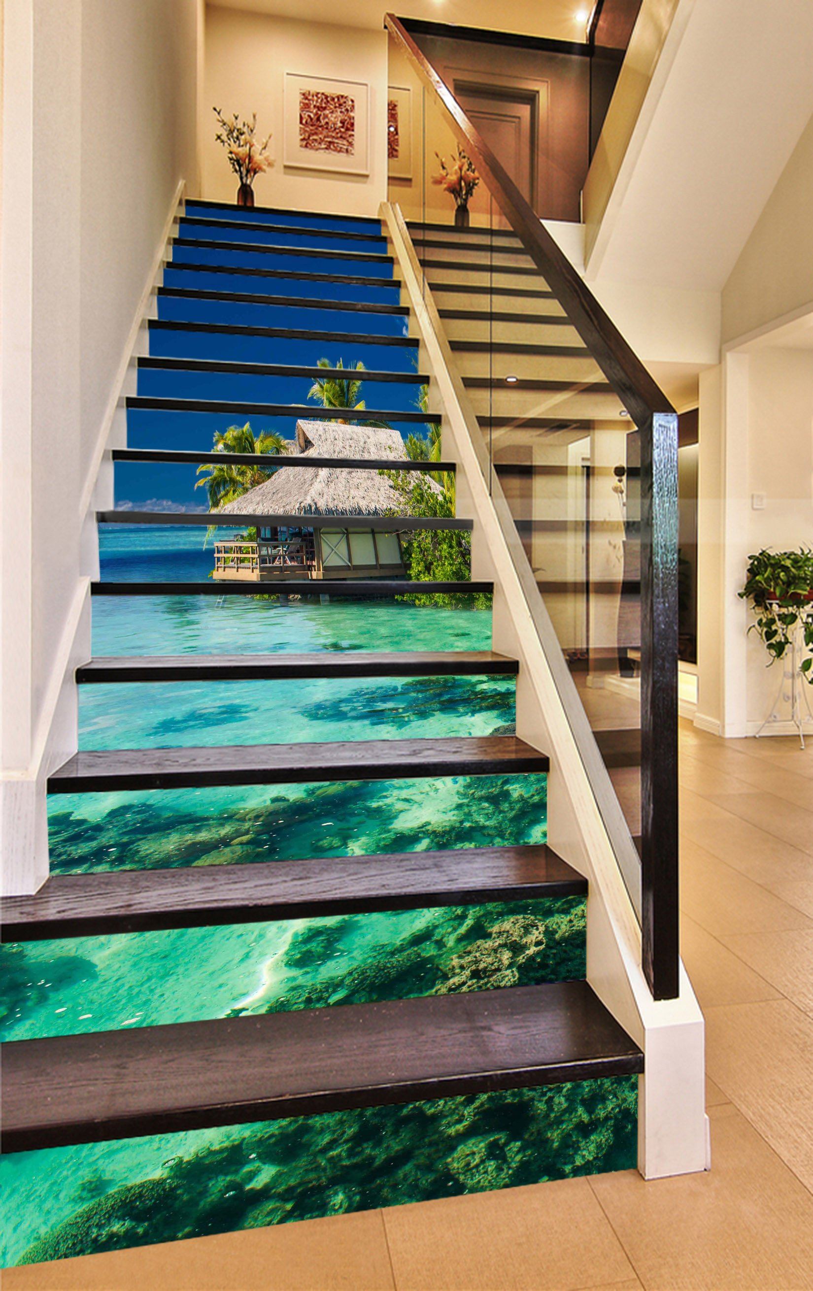 3D Seaside Hut 797 Stair Risers Wallpaper AJ Wallpaper 