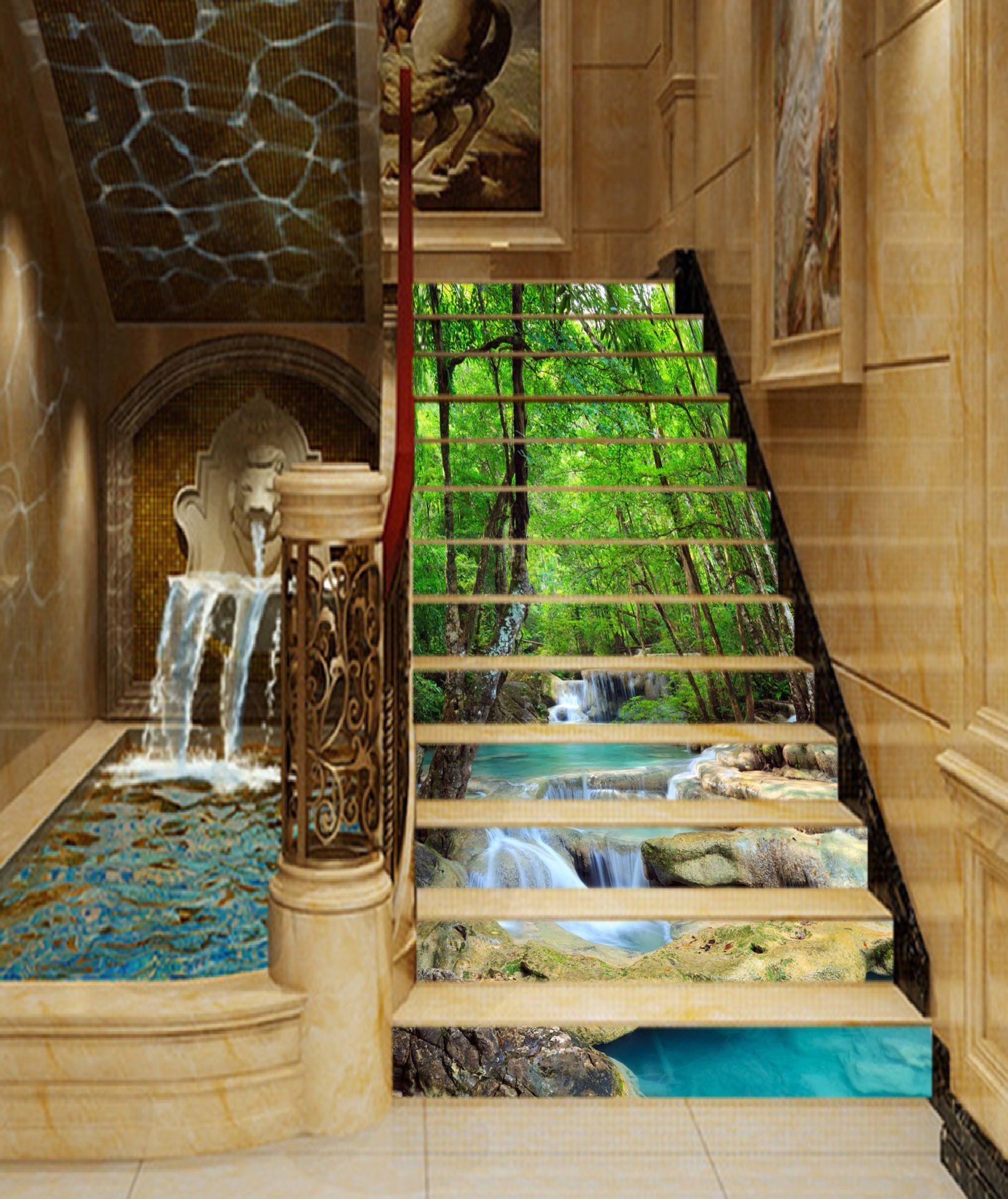 3D Green Forest Blue River 741 Stair Risers Wallpaper AJ Wallpaper 