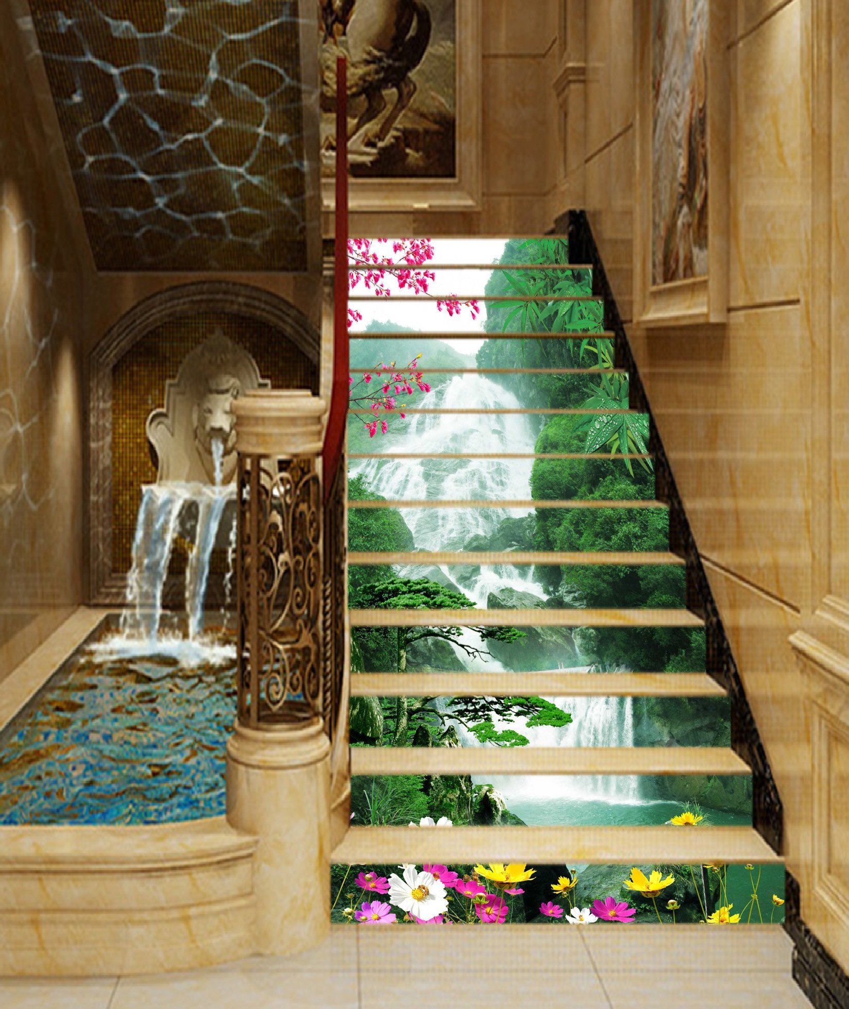 3D Pouring Waterfall 970 Stair Risers Wallpaper AJ Wallpaper 