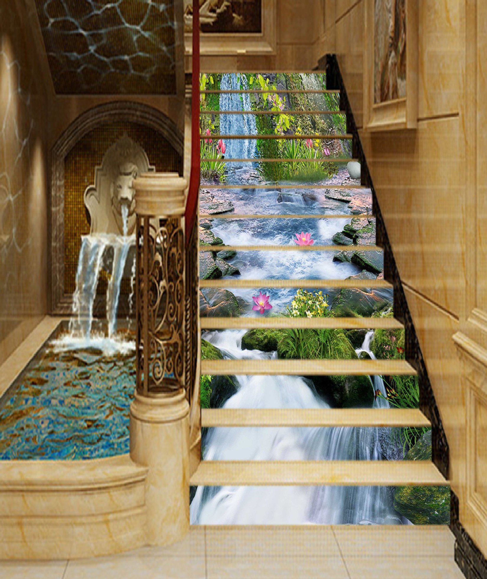 3D River Flowers 1329 Stair Risers Wallpaper AJ Wallpaper 