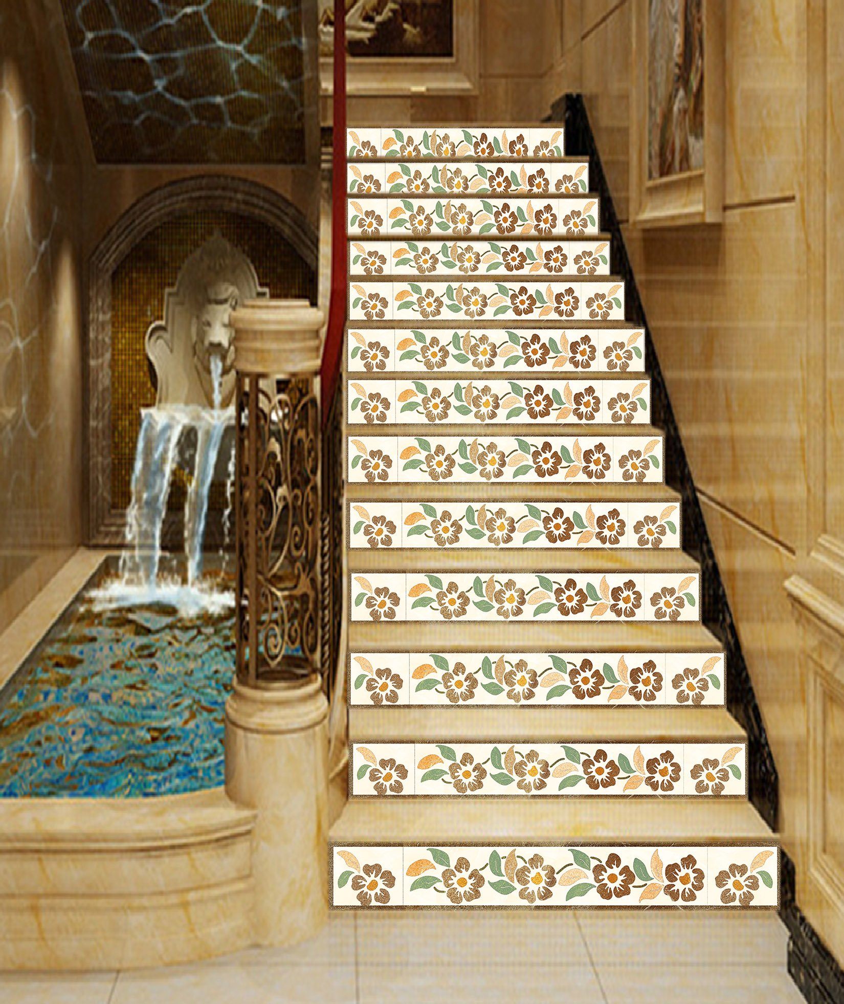 3D Tile Flower Pattern 1674 Stair Risers Wallpaper AJ Wallpaper 