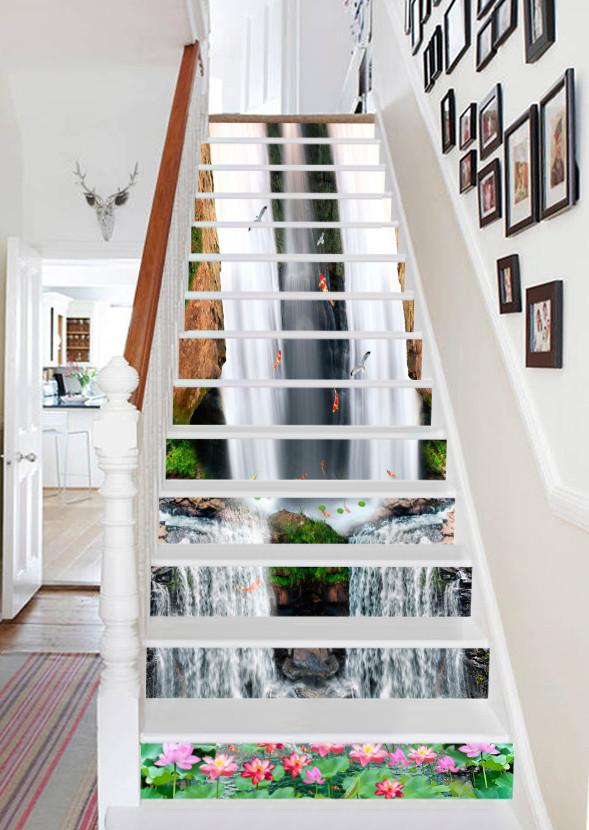 3D Waterfall Fishes Flowers 775 Stair Risers Wallpaper AJ Wallpaper 