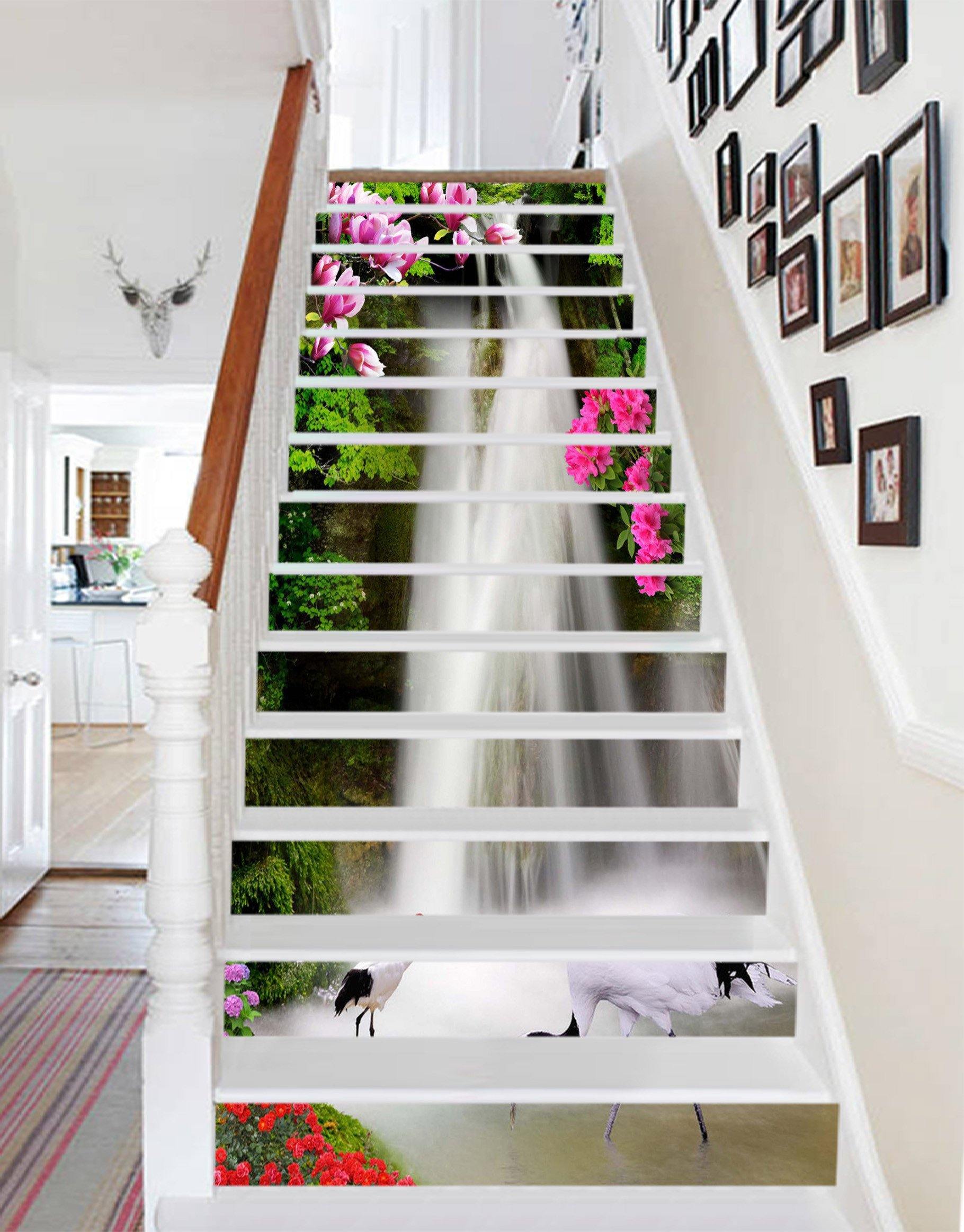 3D Waterfall Flowers Cranes 1638 Stair Risers Wallpaper AJ Wallpaper 