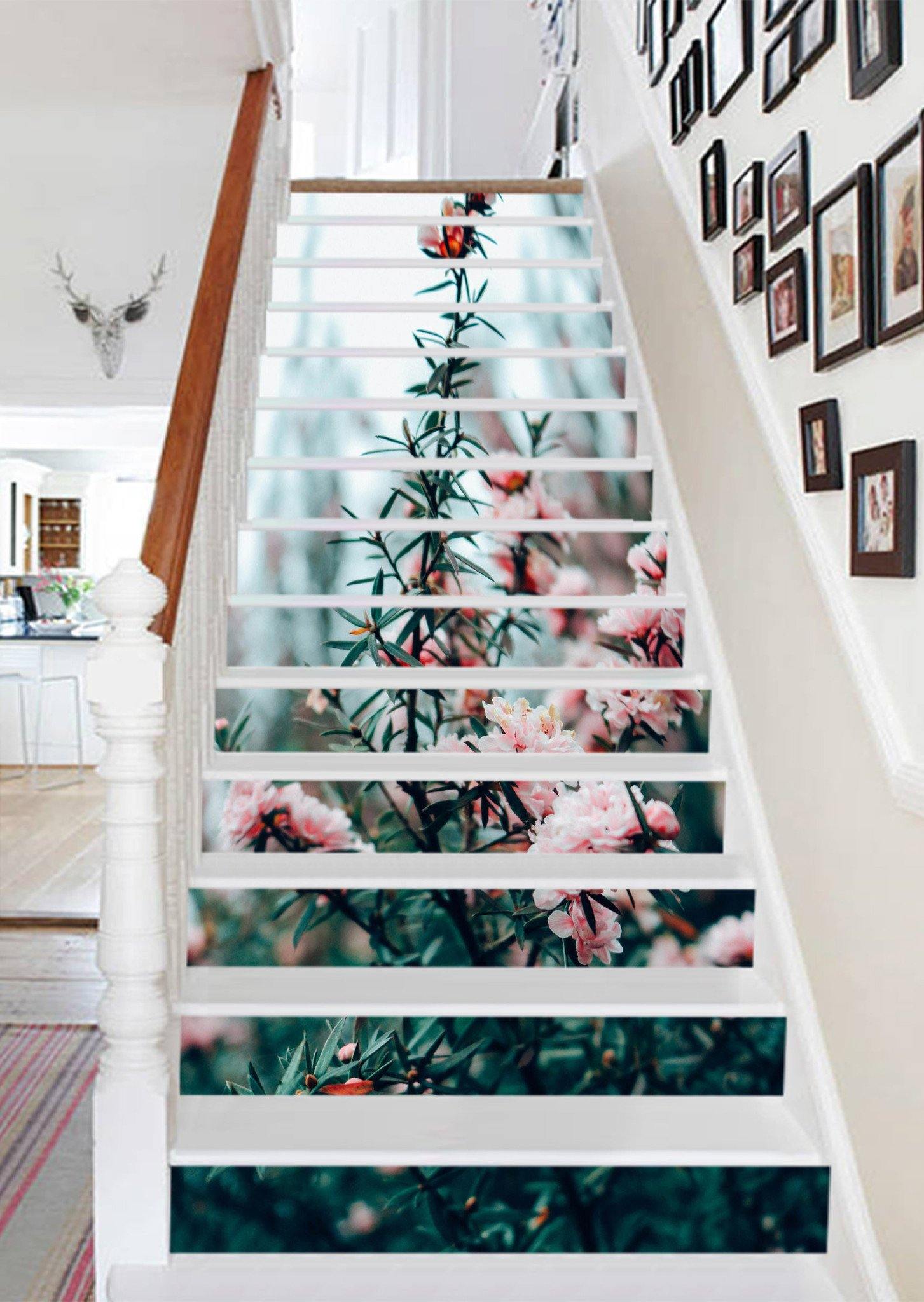 3D Pink Flowers Green Leaves 915 Stair Risers Wallpaper AJ Wallpaper 