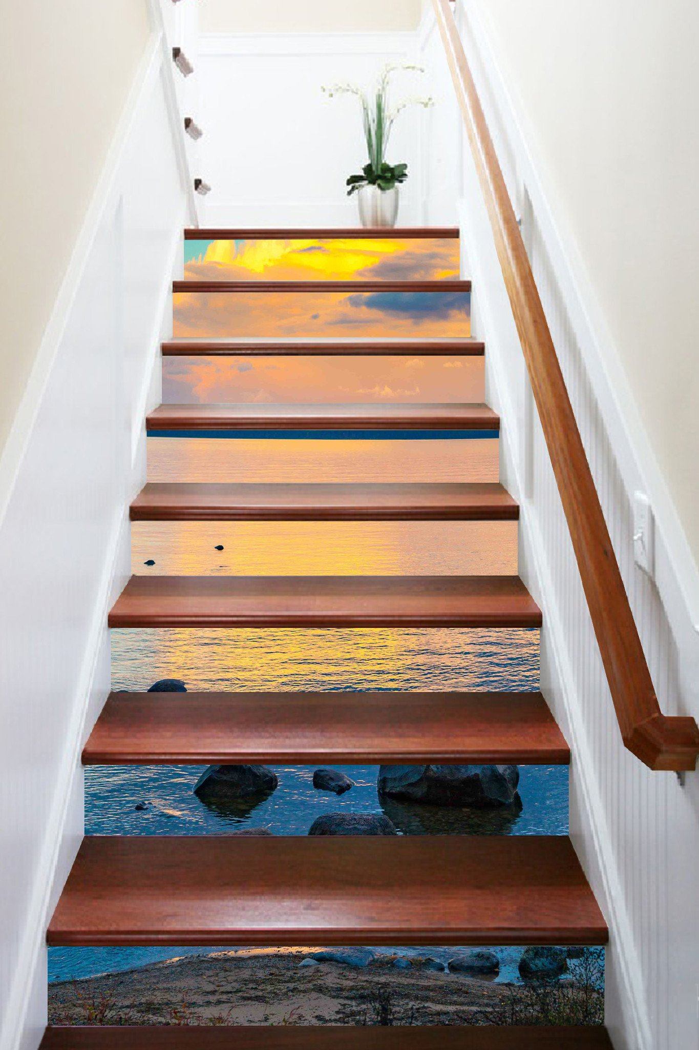 3D Lake Stones Sunset 920 Stair Risers Wallpaper AJ Wallpaper 