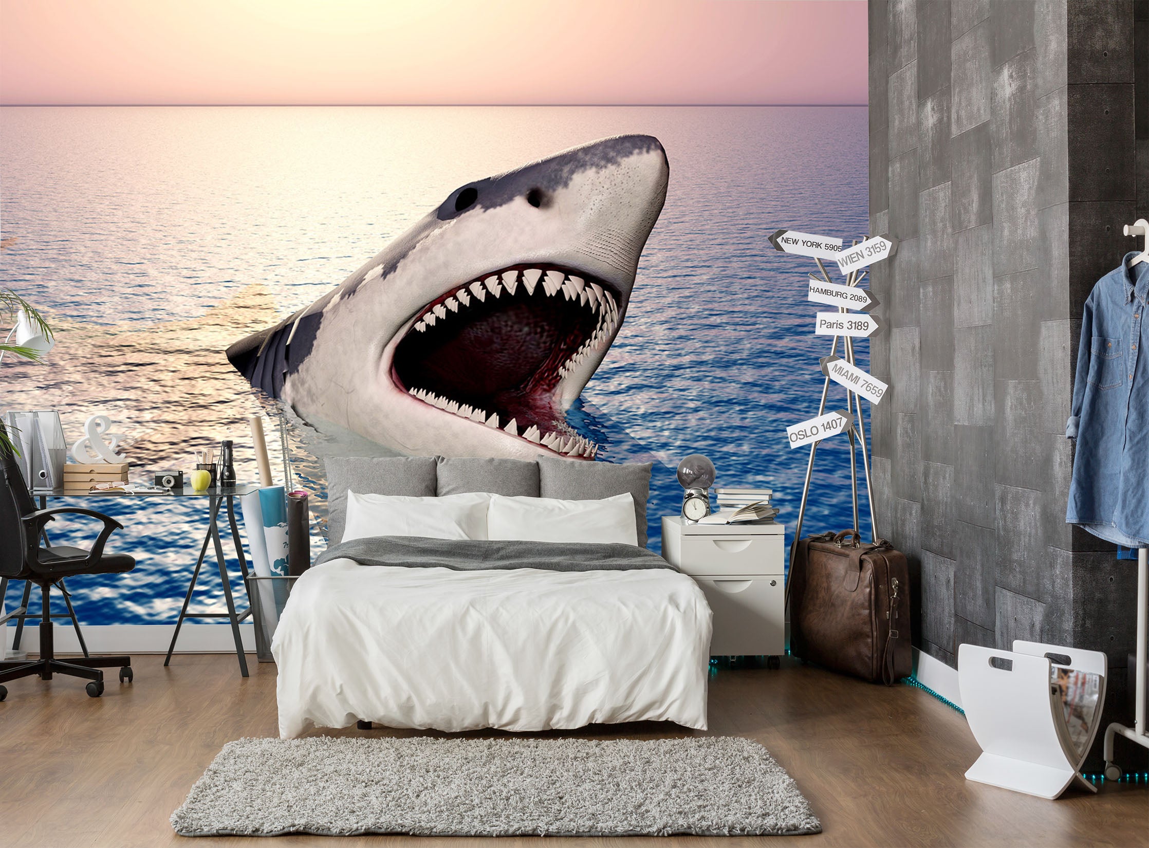 3D Sunset Shark 251 Wall Murals