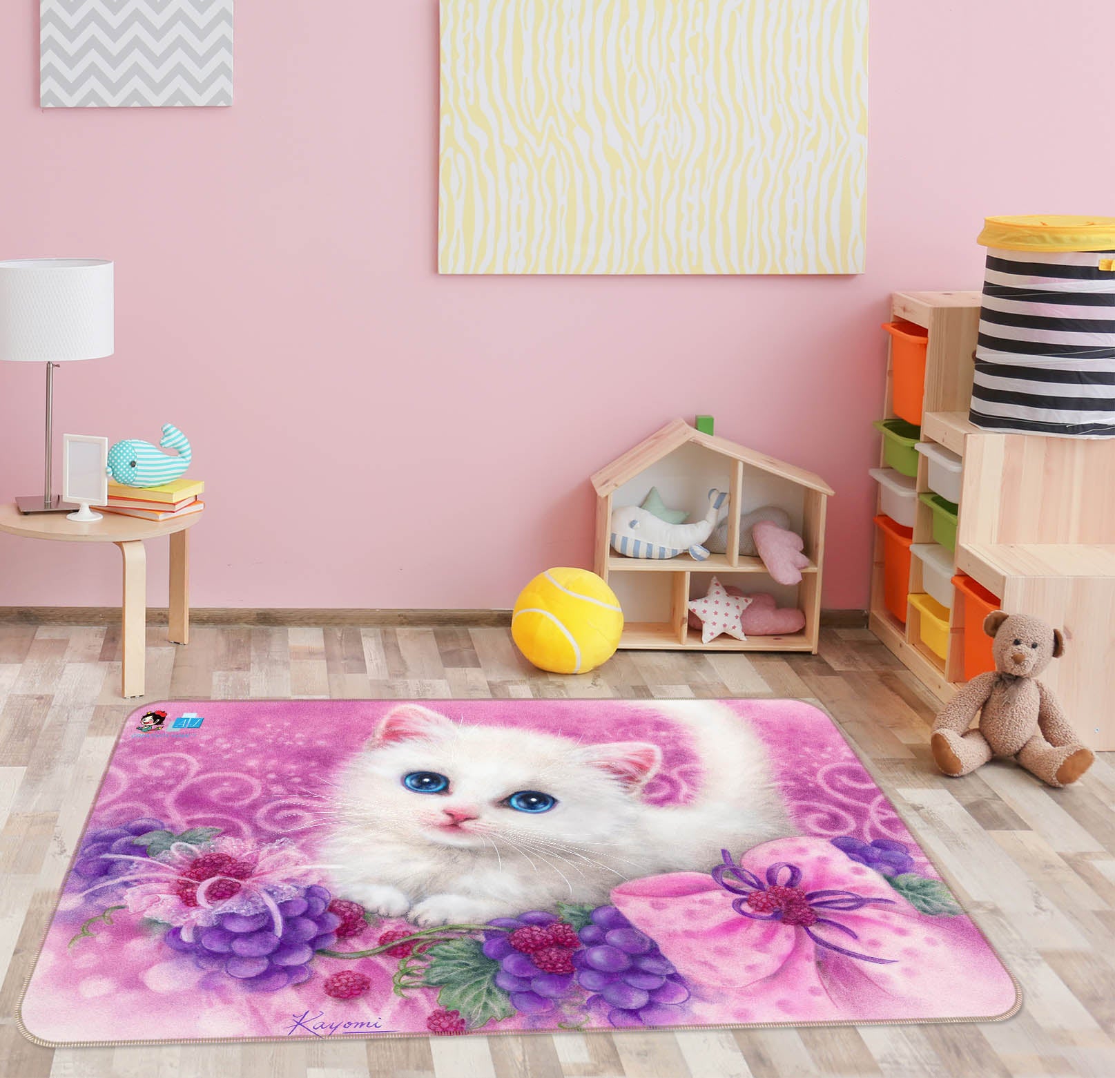 3D Grape White Cat 5638 Kayomi Harai Rug Non Slip Rug Mat