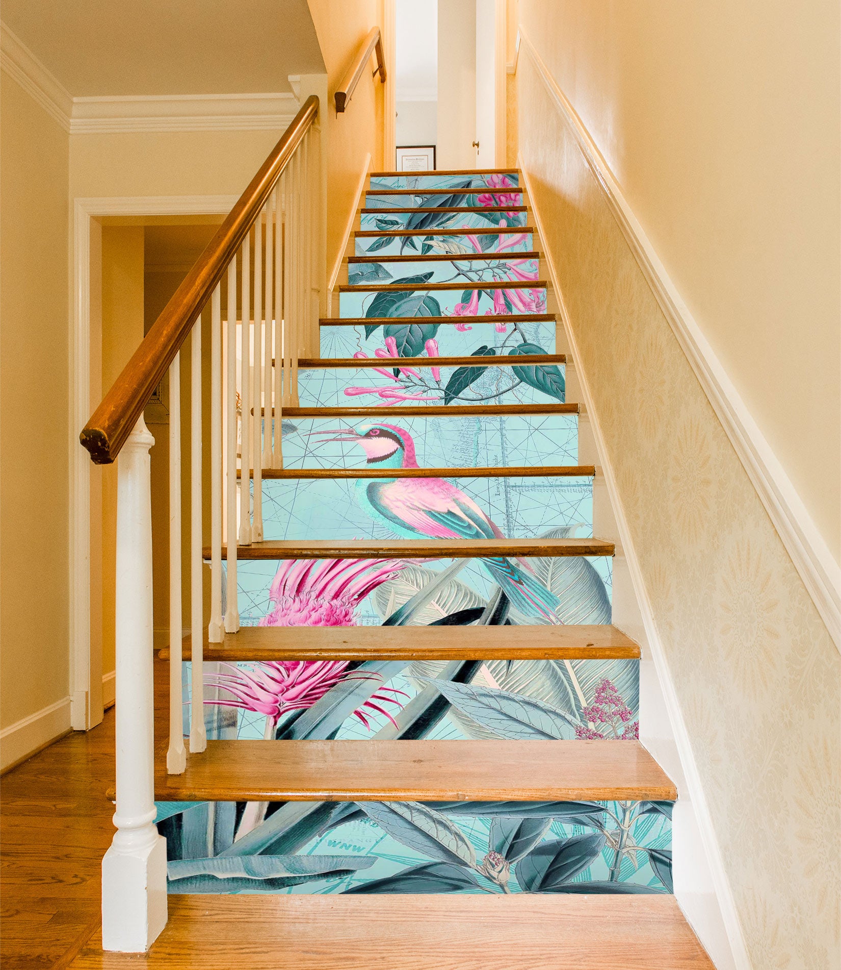 3D Pink Green Leaves Bird 104129 Andrea Haase Stair Risers