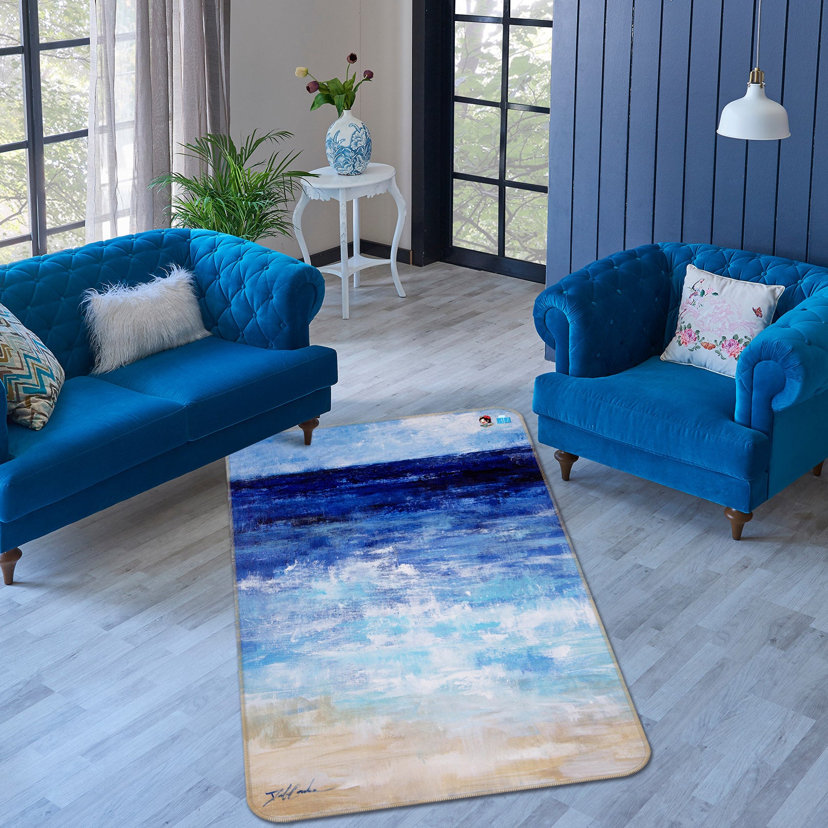 3D Ocean Blue 0183 Debi Coules Rug Non Slip Rug Mat