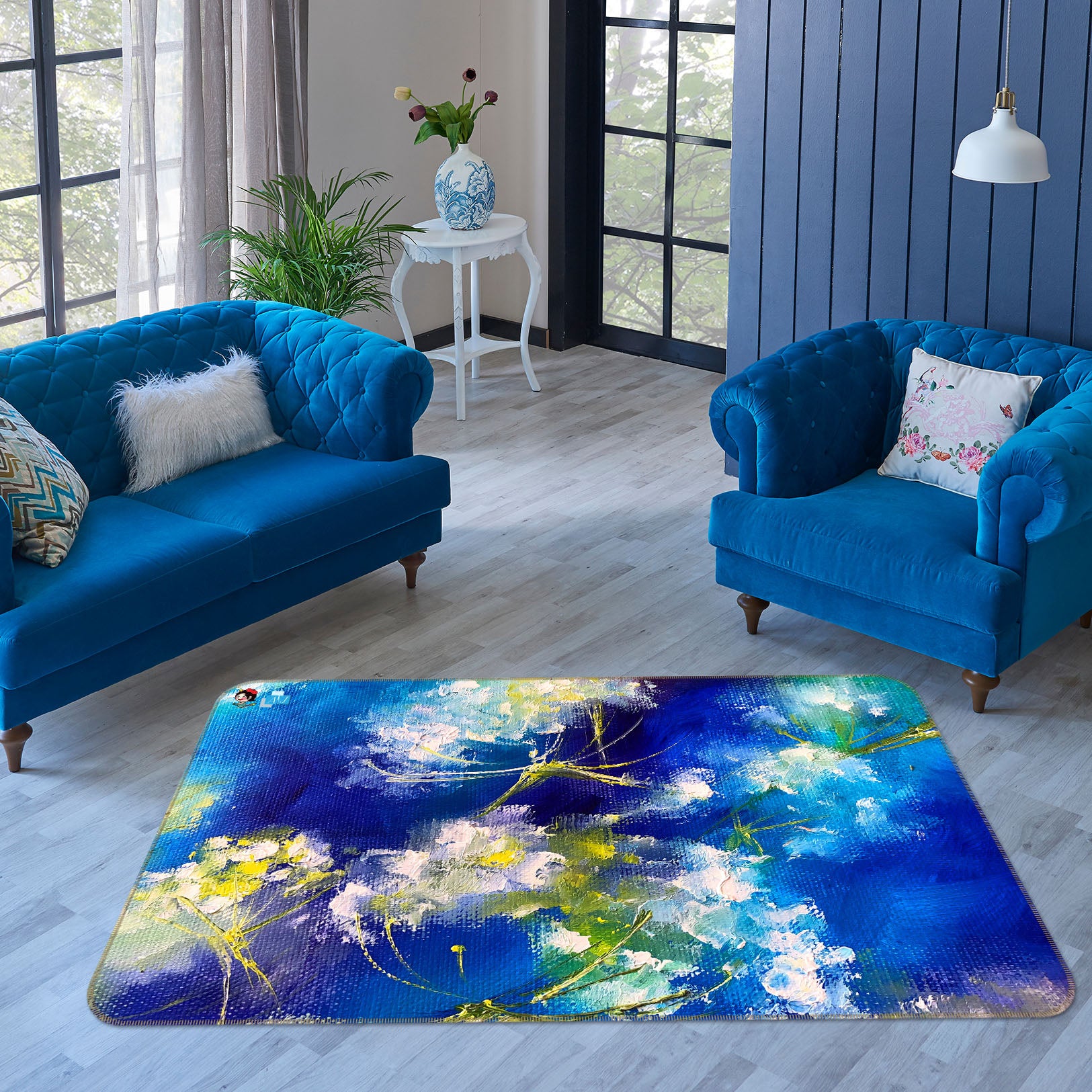 3D Blue Painted Flower 1252 Skromova Marina Rug Non Slip Rug Mat