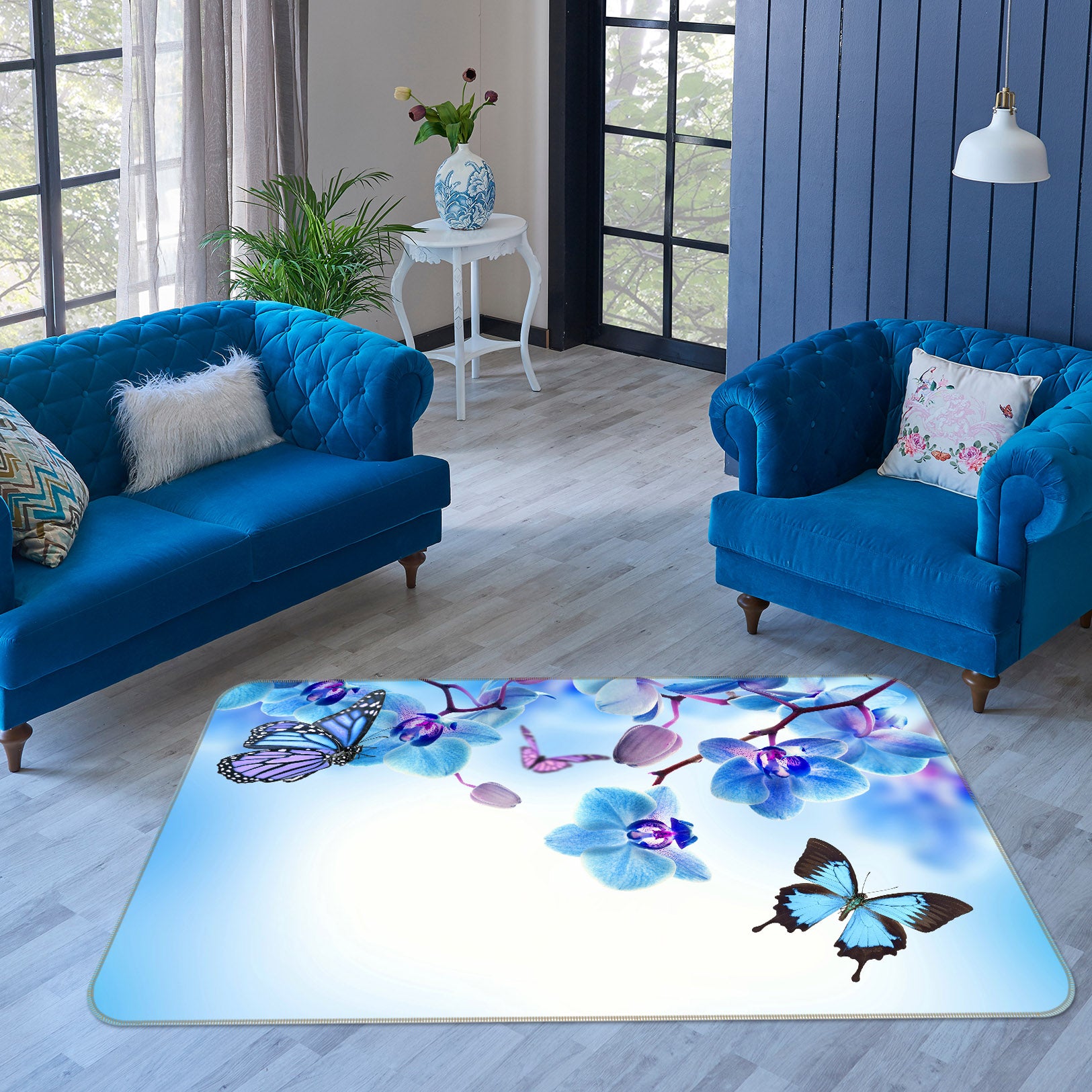 3D Blue Flower Butterfly 68182 Animal Non Slip Rug Mat