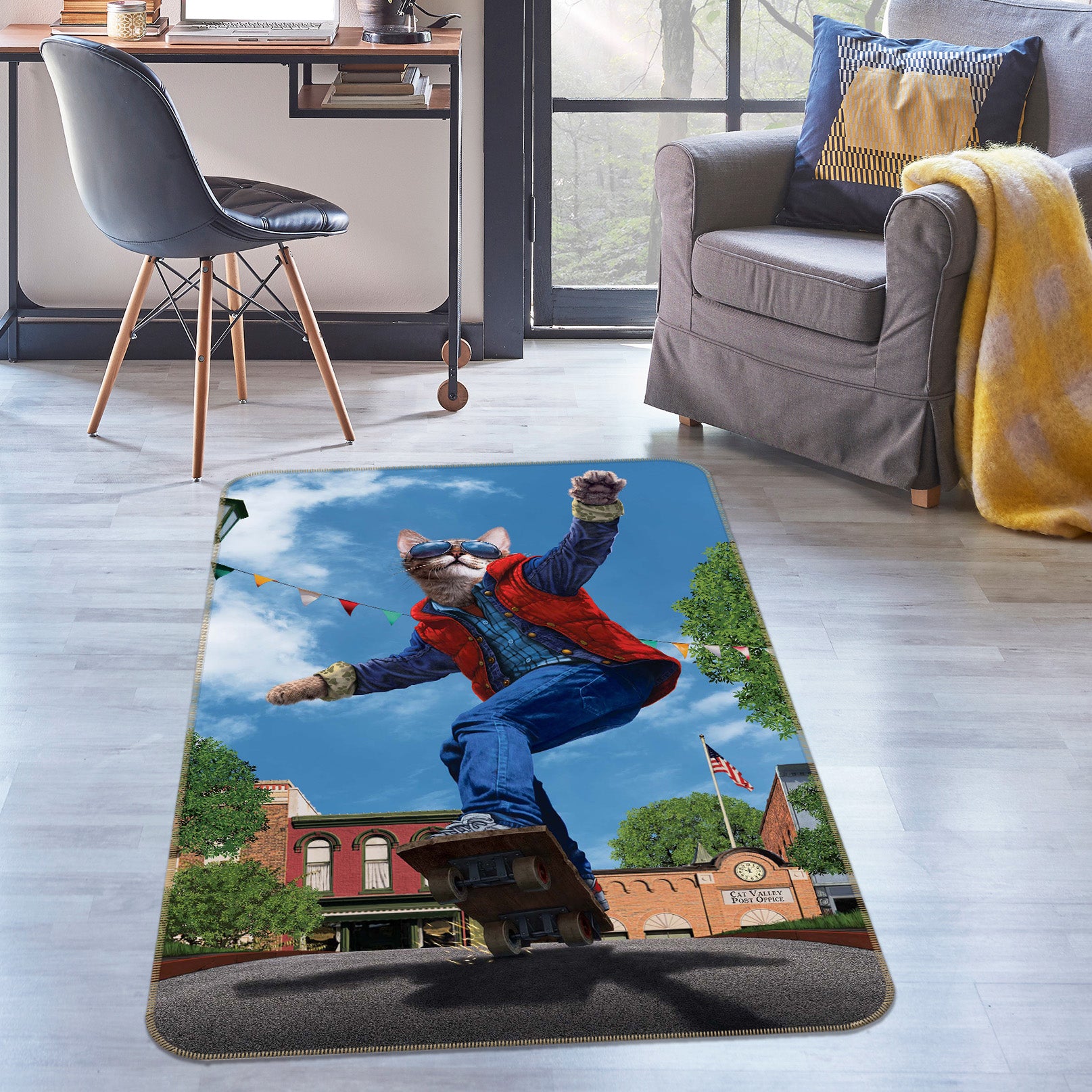 3D Cat Skateboard 84205 Vincent Hie Rug Non Slip Rug Mat