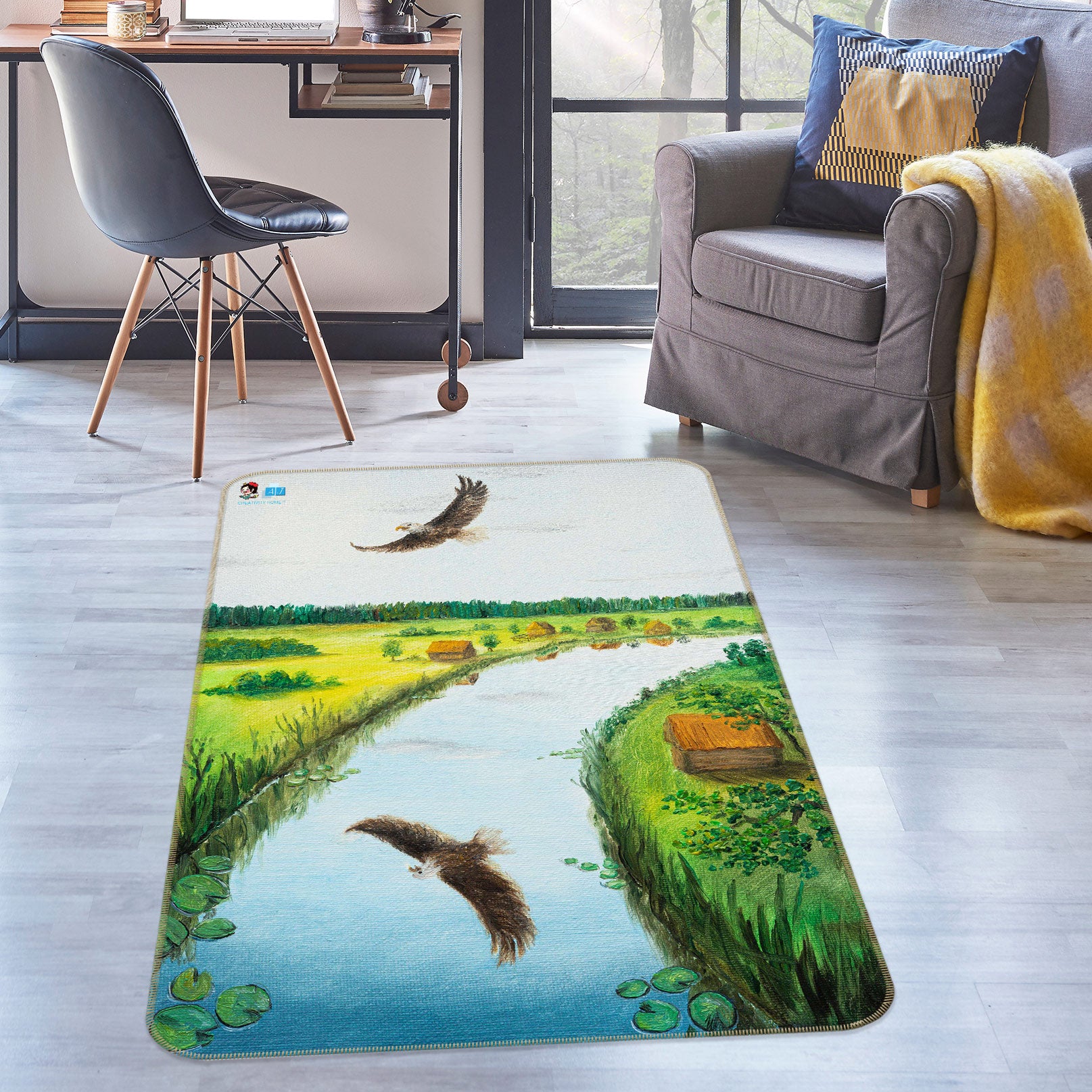 3D River Eagle 1896 Marina Zotova Rug Non Slip Rug Mat