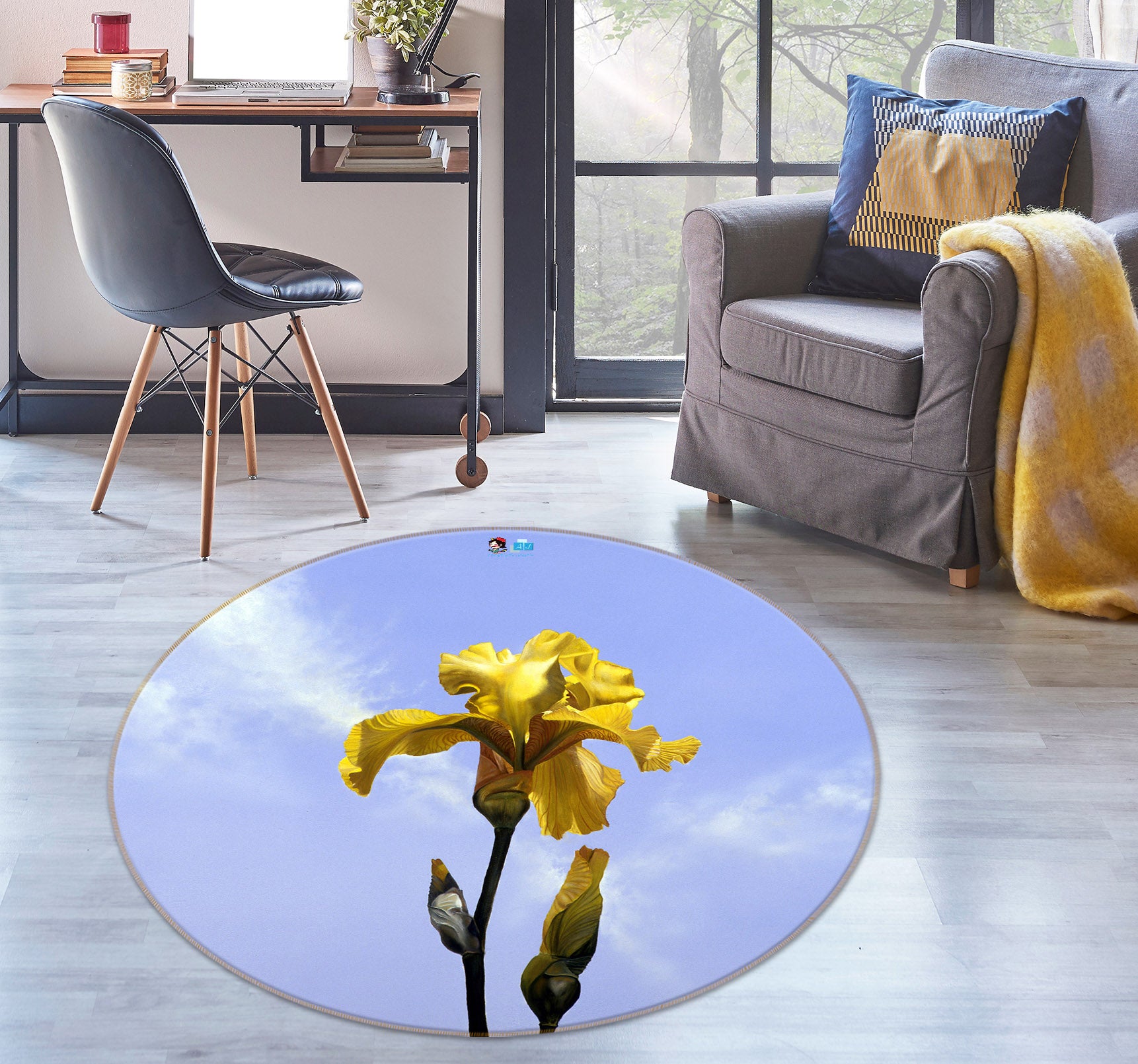 3D Yellow Flower 110105 Matthew Holden Bates Rug Round Non Slip Rug Mat