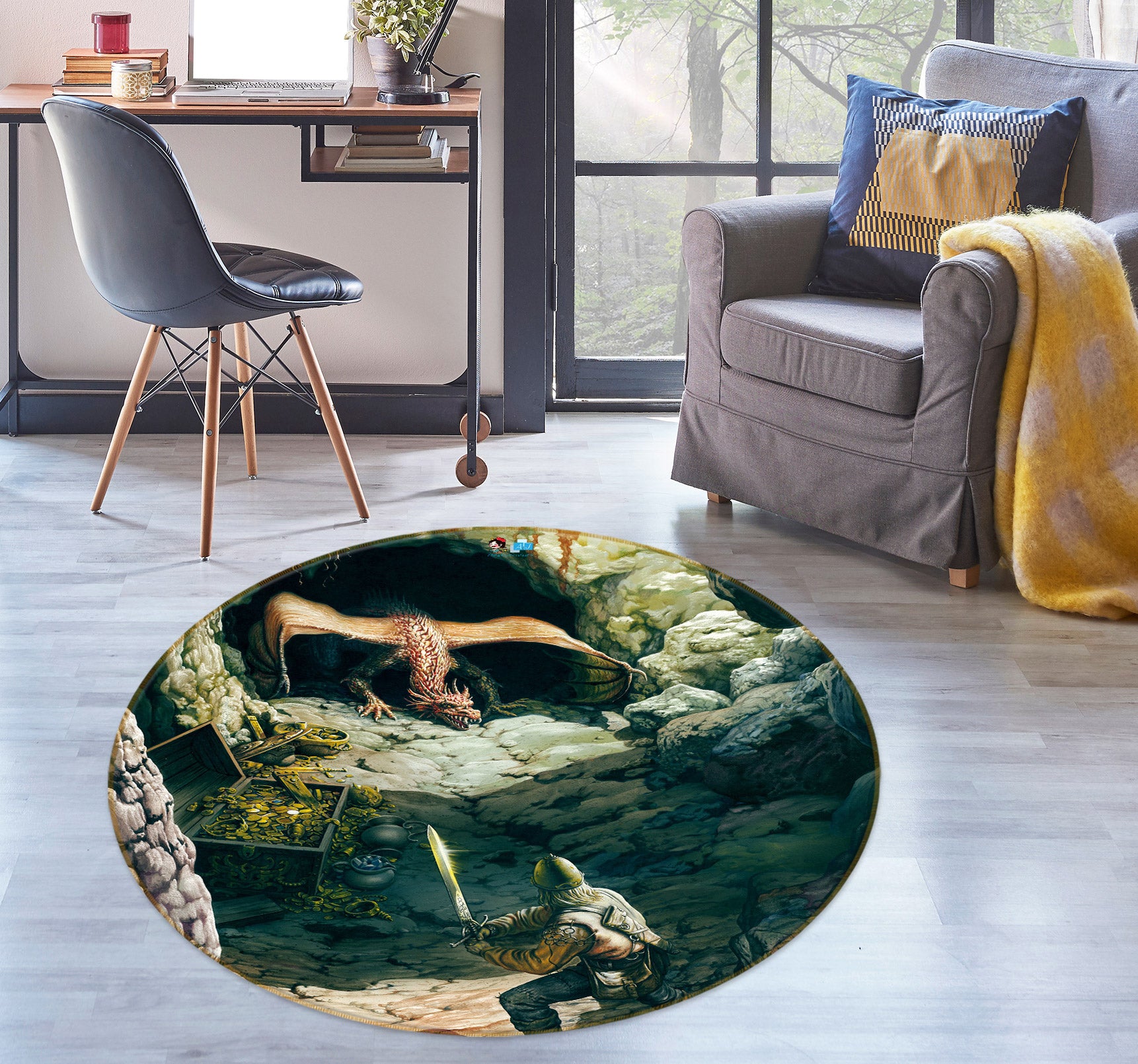 3D Stone Cave Dragon Soldier 6064 Ciruelo Rug Round Non Slip Rug Mat