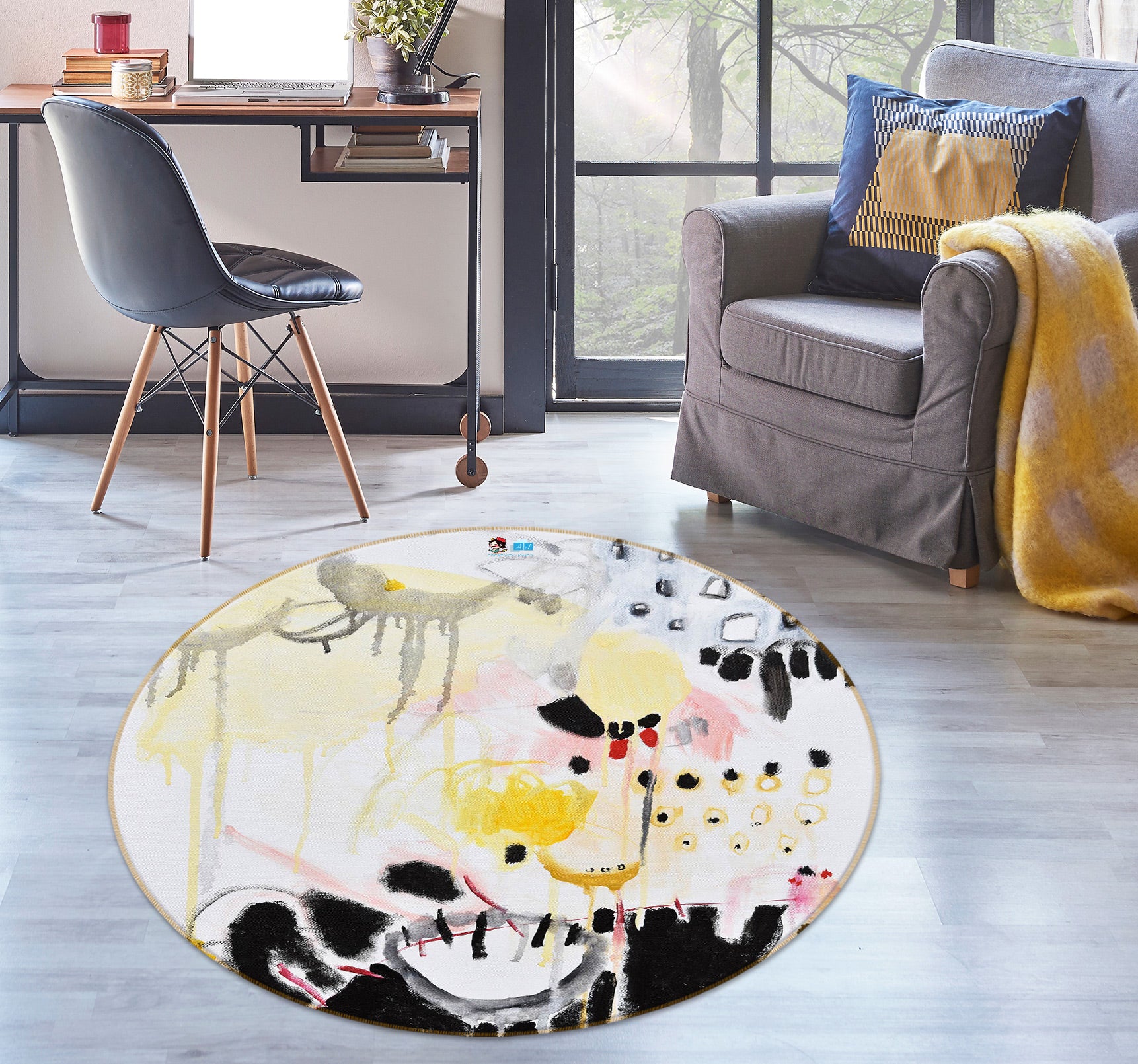 3D Black Watercolor 1394 Misako Chida Rug Round Non Slip Rug Mat