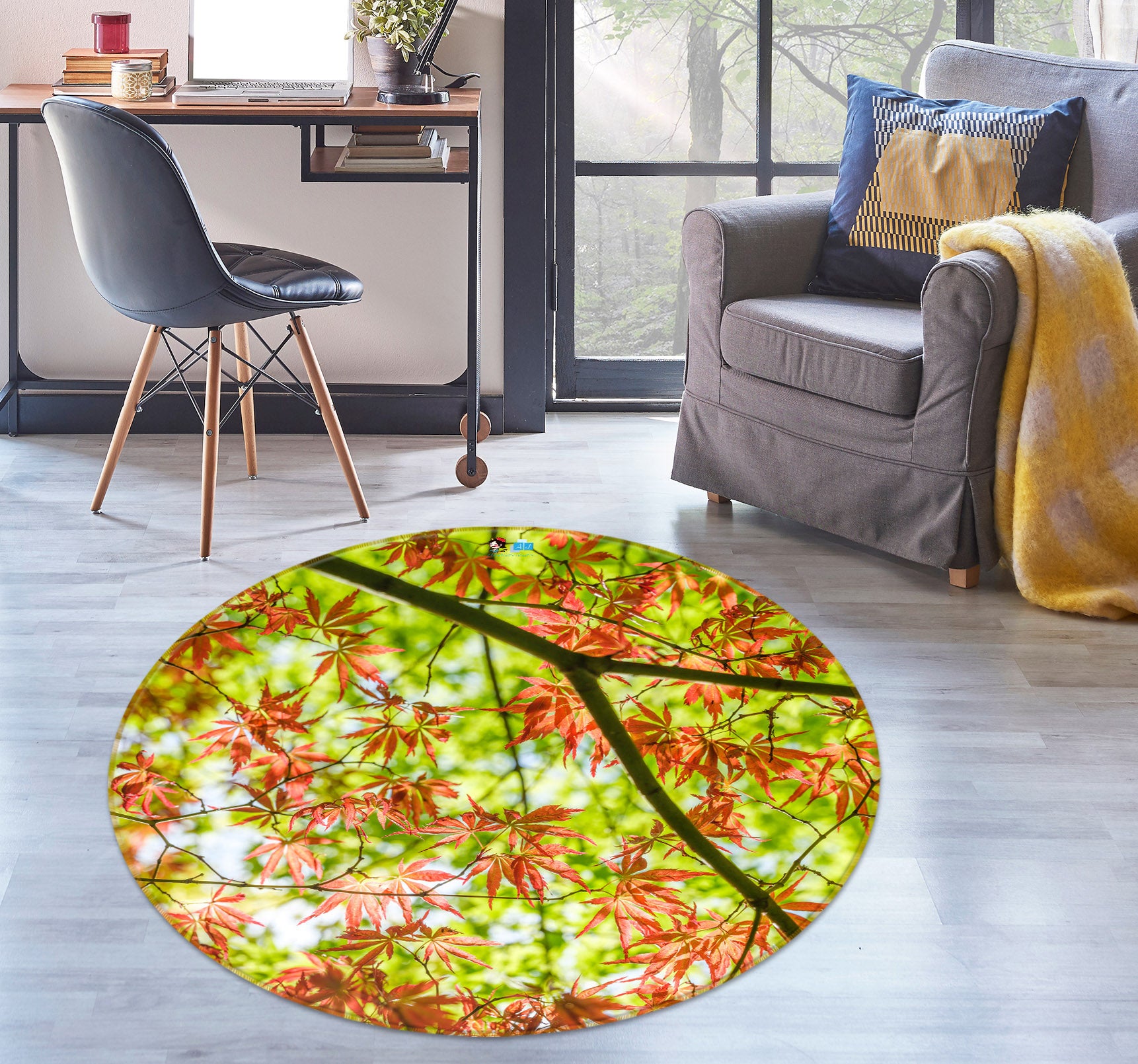 3D Red Maple Leaf 7403 Assaf Frank Rug Round Non Slip Rug Mat