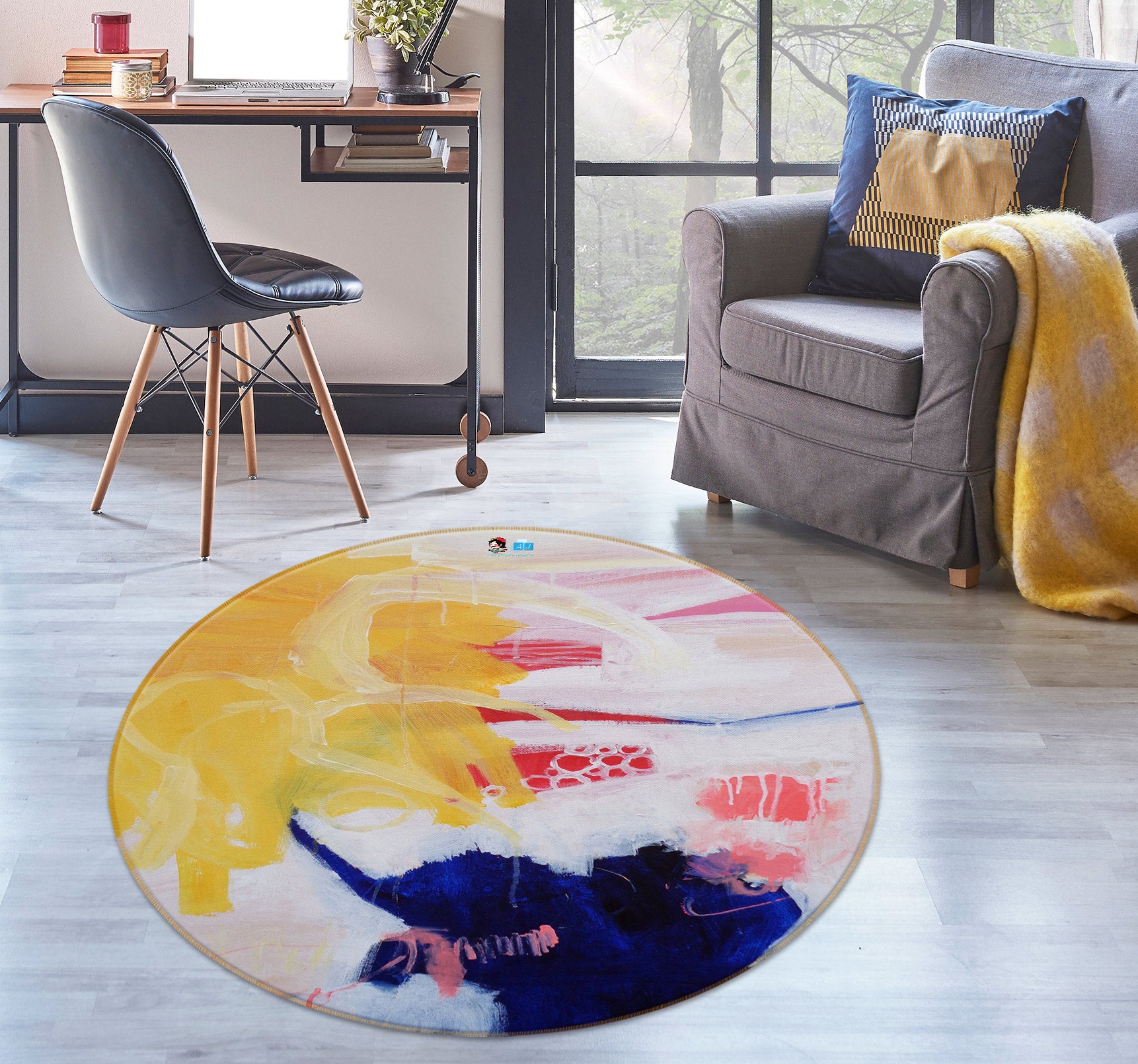 3D Yellow Watercolor 1415 Misako Chida Rug Round Non Slip Rug Mat