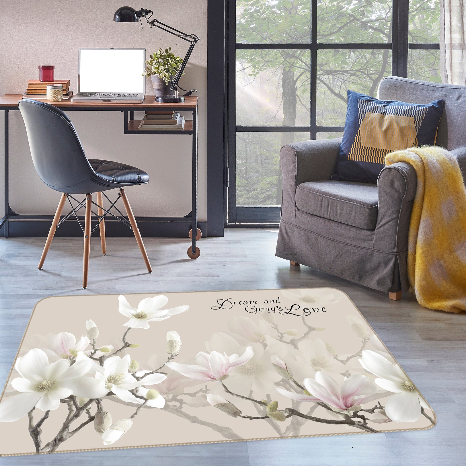 3D White Flower Branch 77236 Non Slip Rug Mat