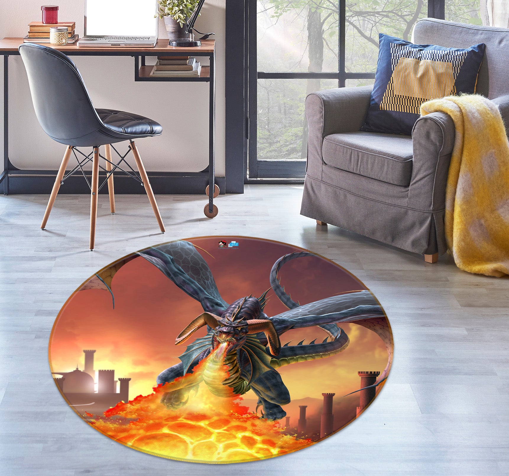 3D Flying Dragon Spitfire 4174 Tom Wood Rug Round Non Slip Rug Mat