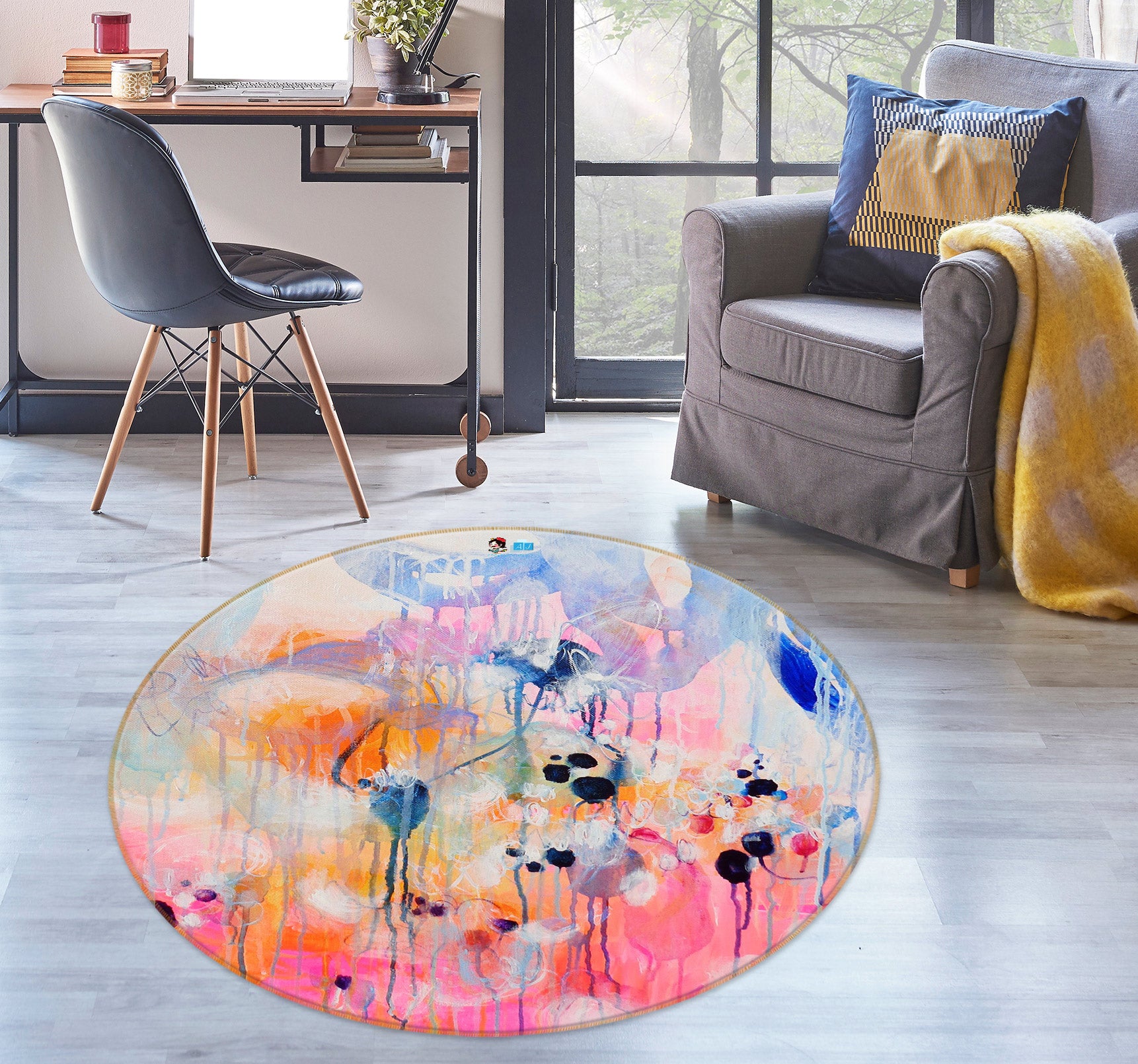 3D Pink Watercolor 1360 Misako Chida Rug Round Non Slip Rug Mat