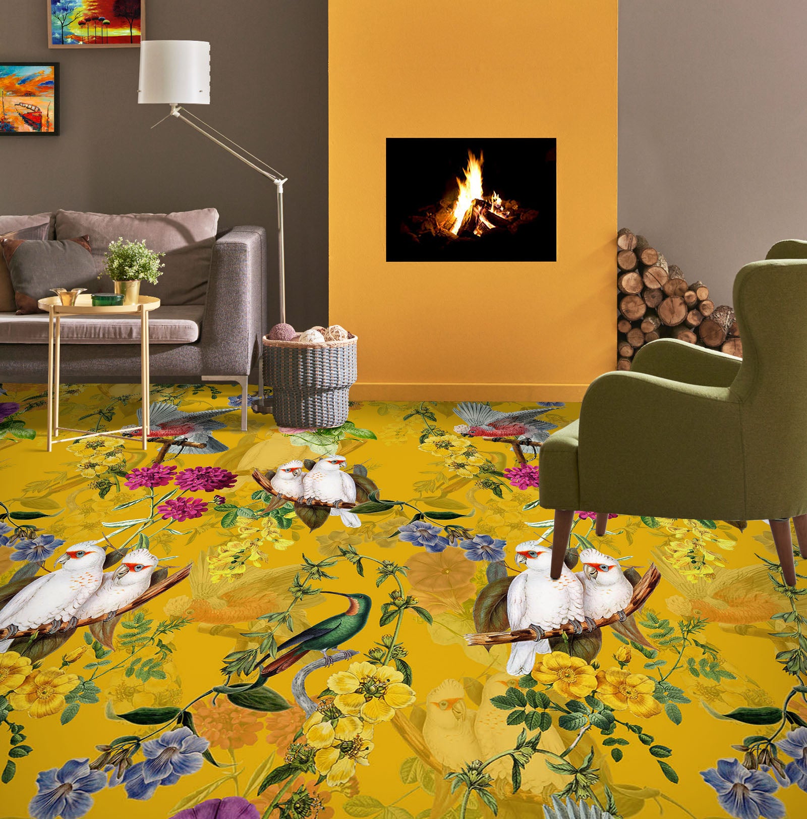 3D Flower Pattern White Parrot 99210 Uta Naumann Floor Mural