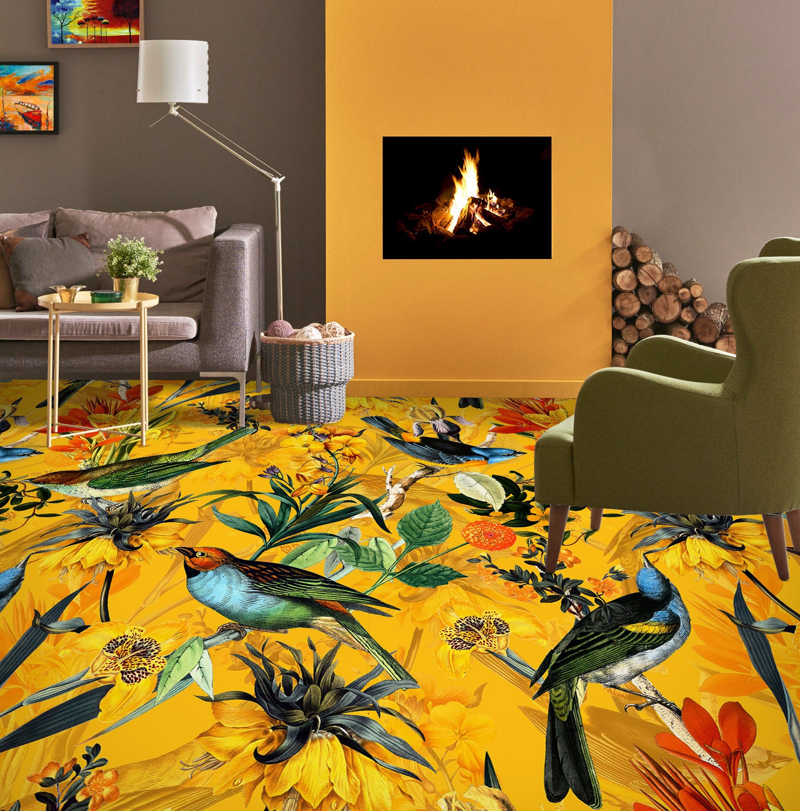 3D Yellow Flower Bird 99192 Uta Naumann Floor Mural