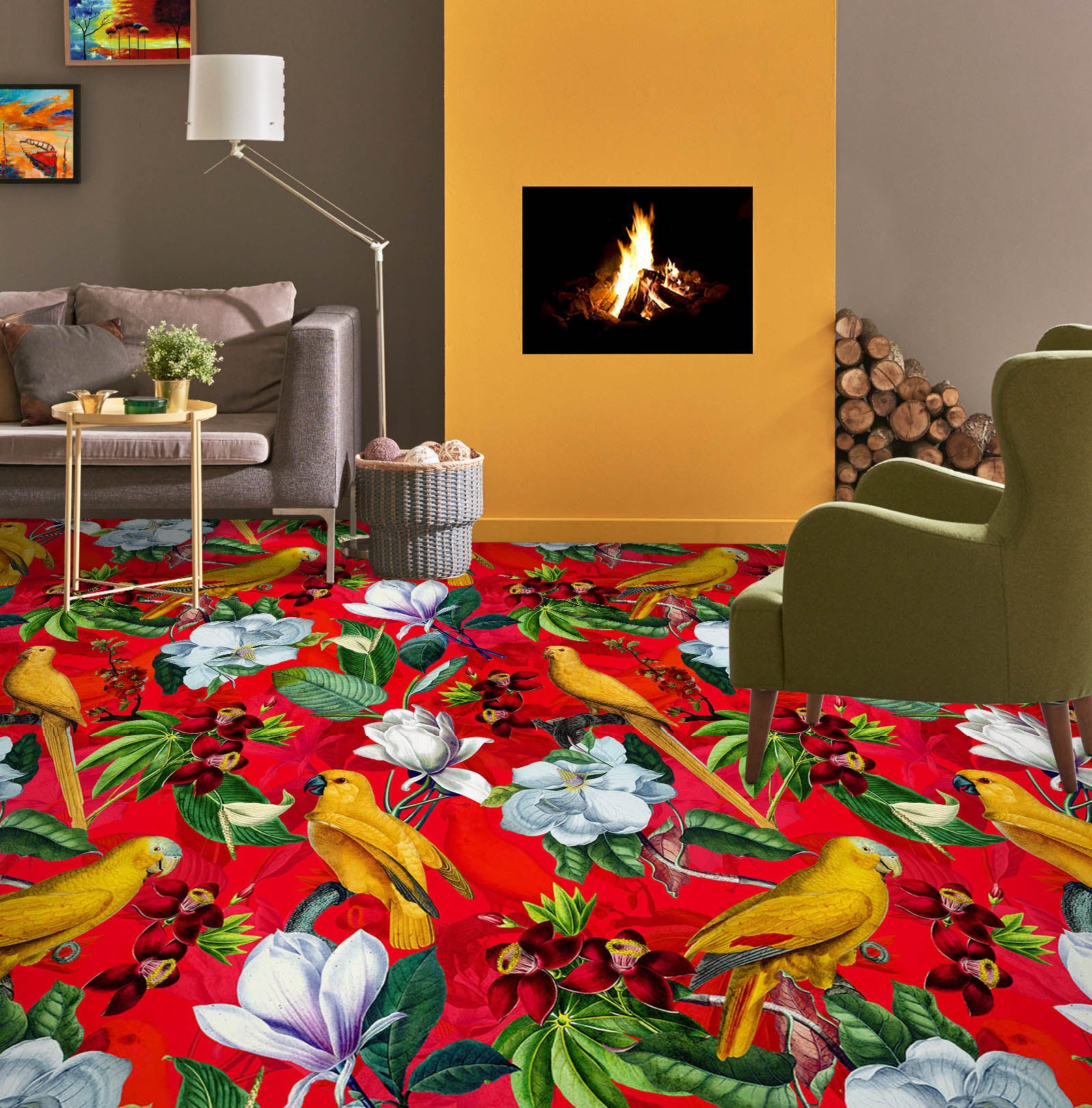 3D Yellow Bird Red Pattern Flowers 99222 Uta Naumann Floor Mural