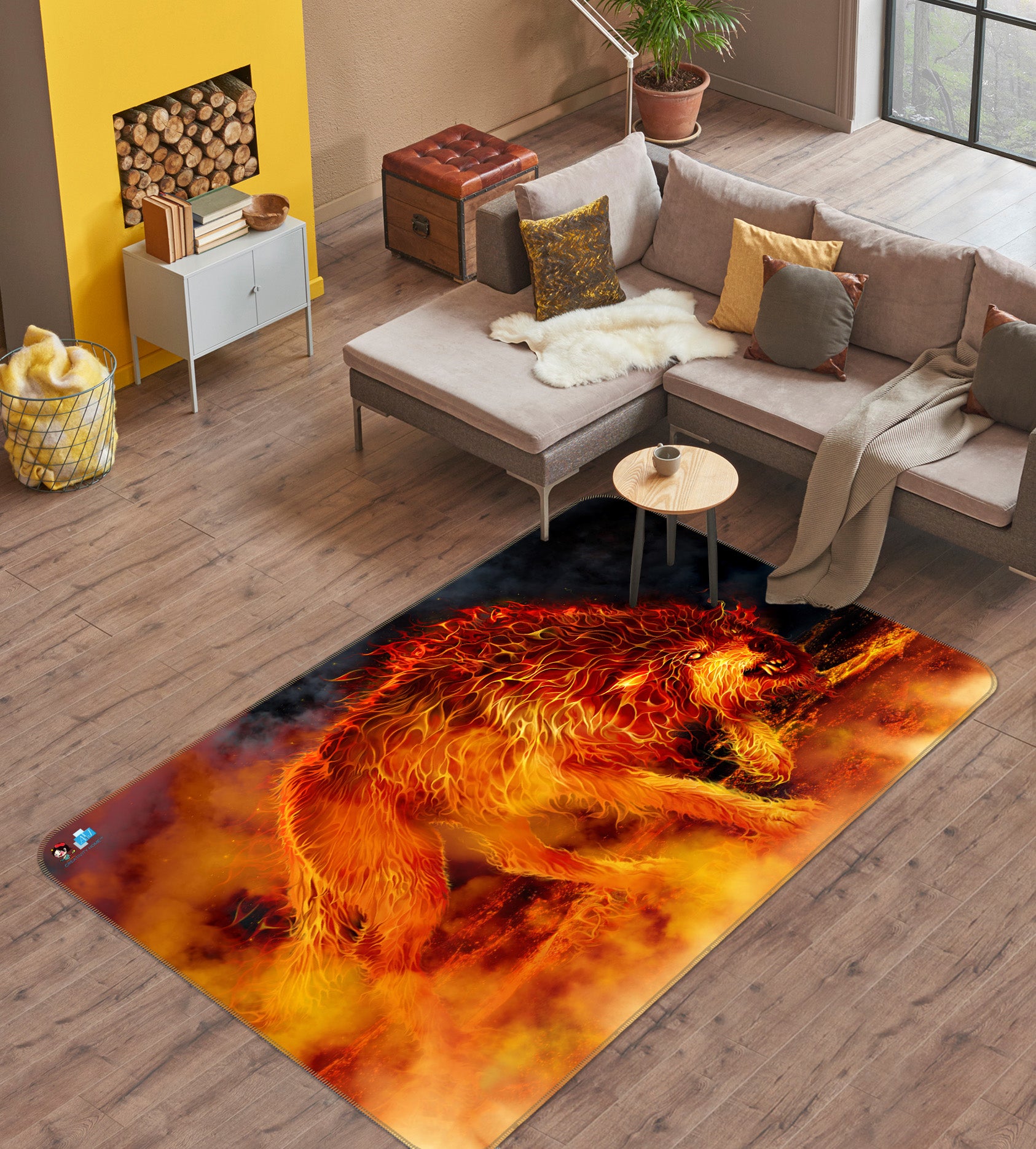 3D Flaming Wolf 4112 Tom Wood Rug Non Slip Rug Mat