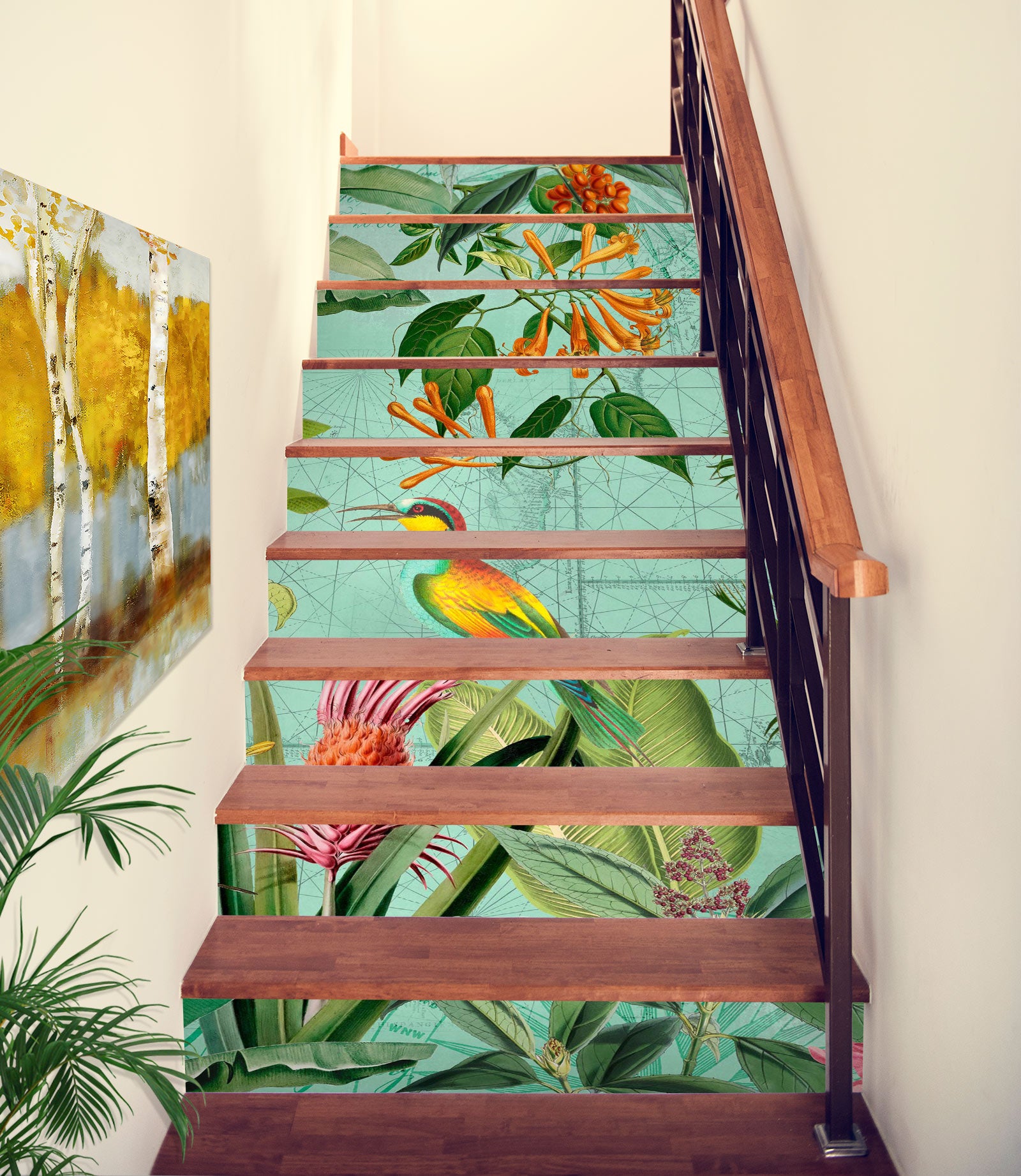 3D Green Leaves Color Bird 104115 Andrea Haase Stair Risers