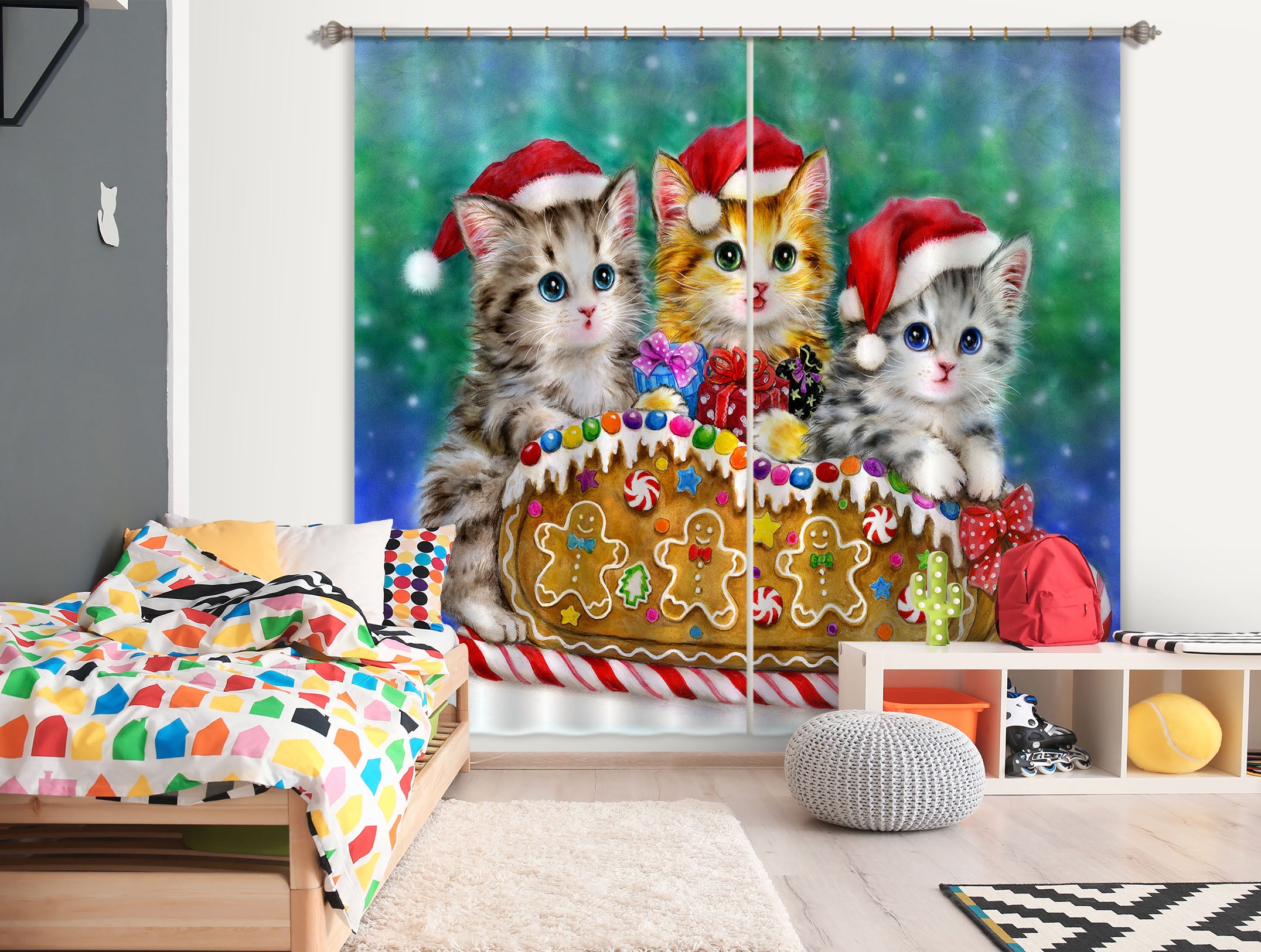 3D Christmas Hat Cat 9024 Kayomi Harai Curtain Curtains Drapes