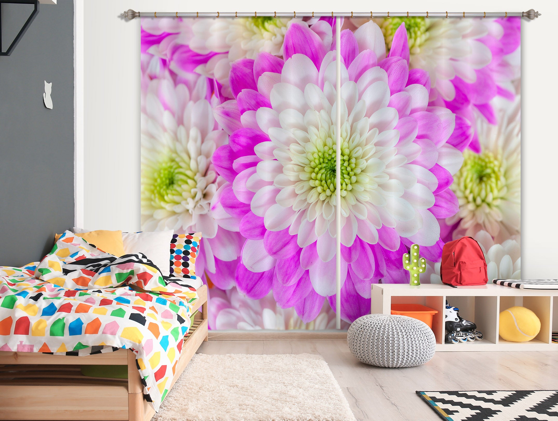 3D White Chrysanthemum 224 Assaf Frank Curtain Curtains Drapes