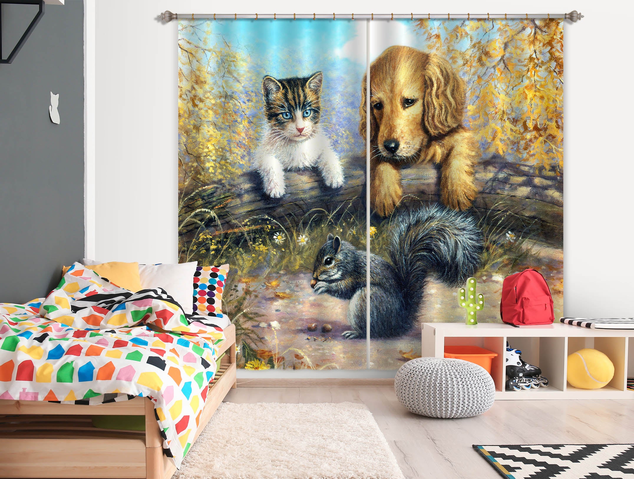 3D Squirrel Dog 132 Kevin Walsh Curtain Curtains Drapes