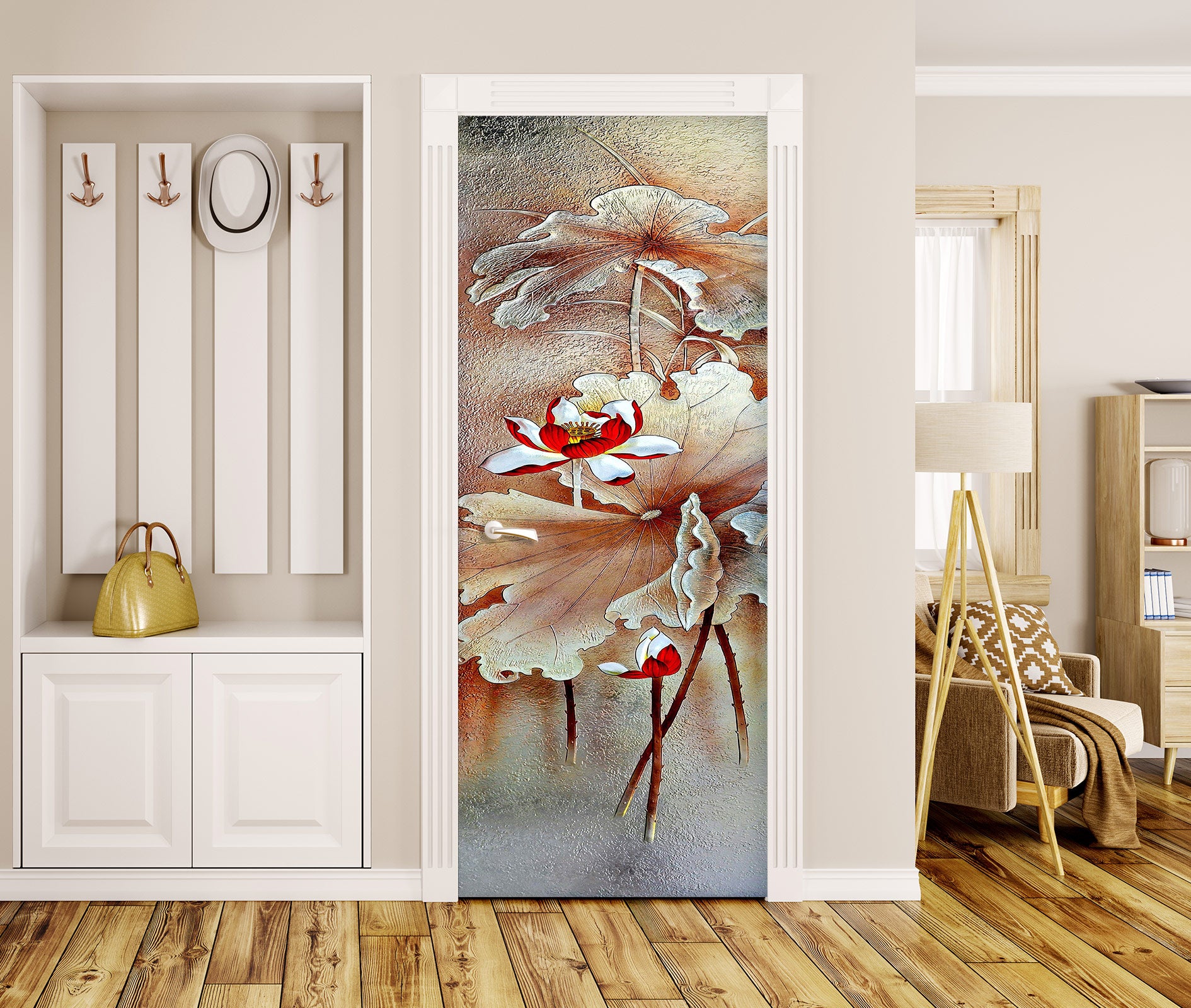 3D Red Lotus 045 Door Mural