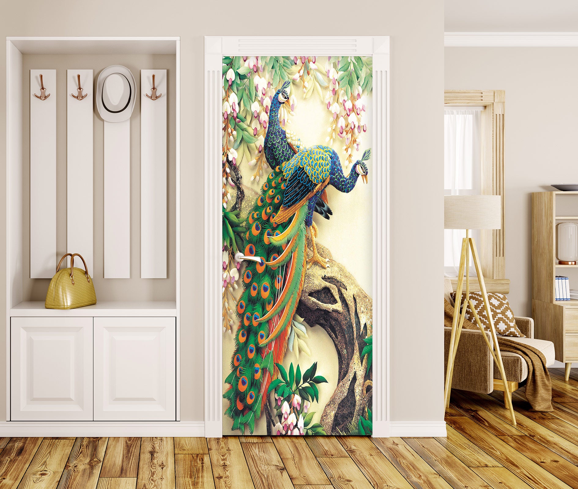 3D Green Peacock Tree 242 Door Mural