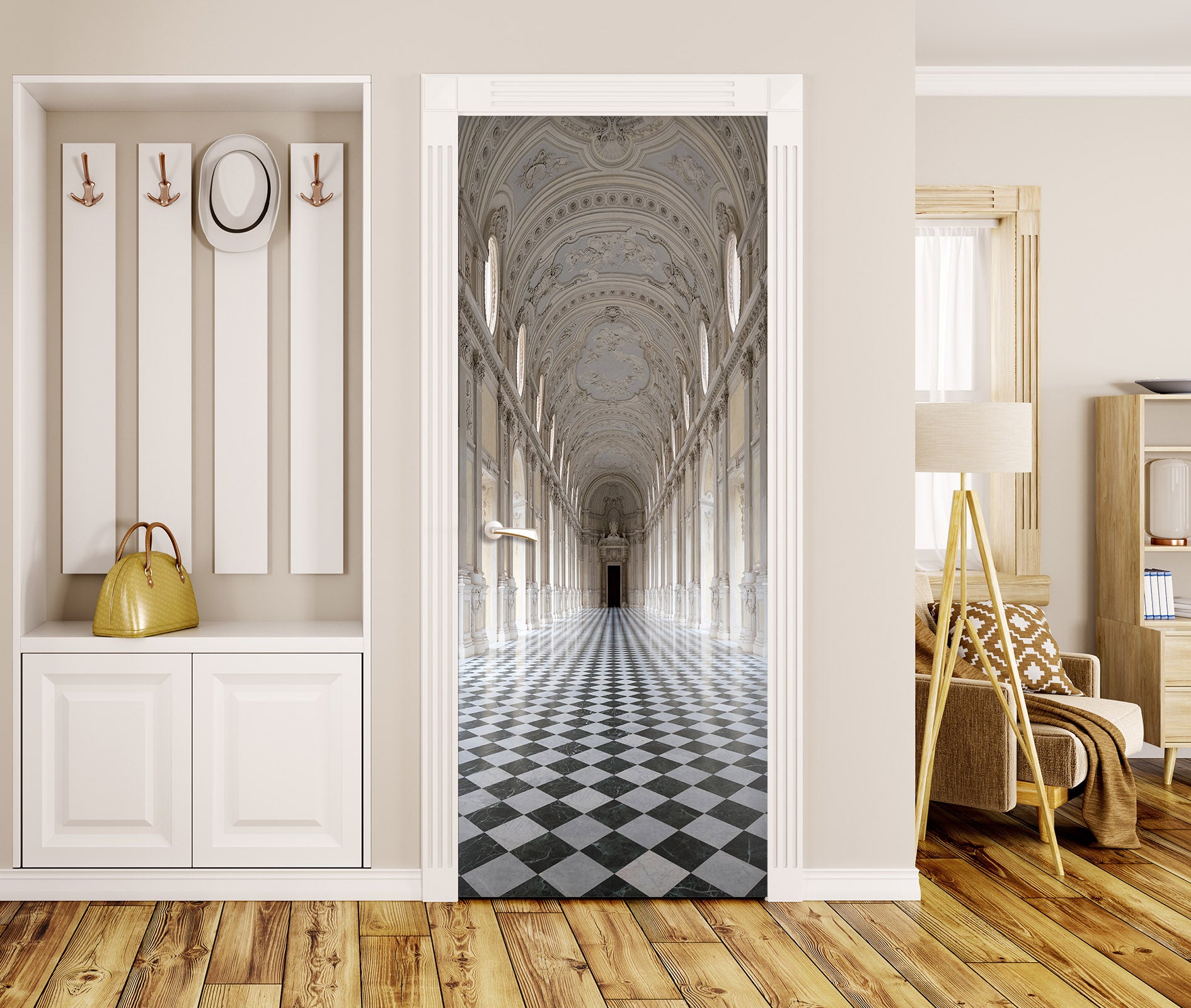 3D Black White Tile Corridor 22131 Door Mural